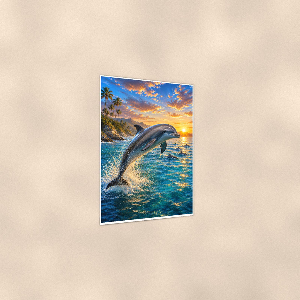 Dolphin Pod — 24x36 in art print poster, premium luster paper with a white border; gentle three-quarter angle on a warm wall, showing the flat paper edge.