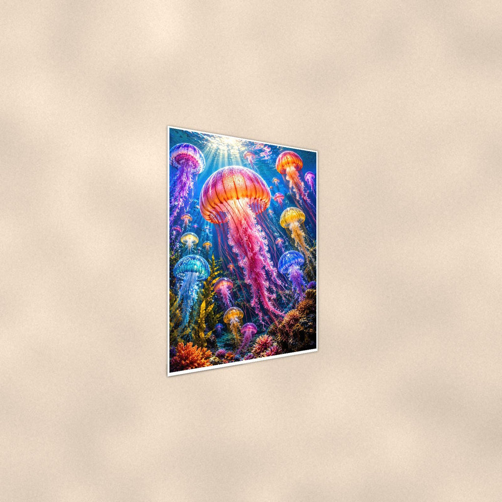 Jellyfish — 24x36 in art print poster, premium luster paper with a white border; steeper three-quarter angle on a warm wall, catching the luster sheen.