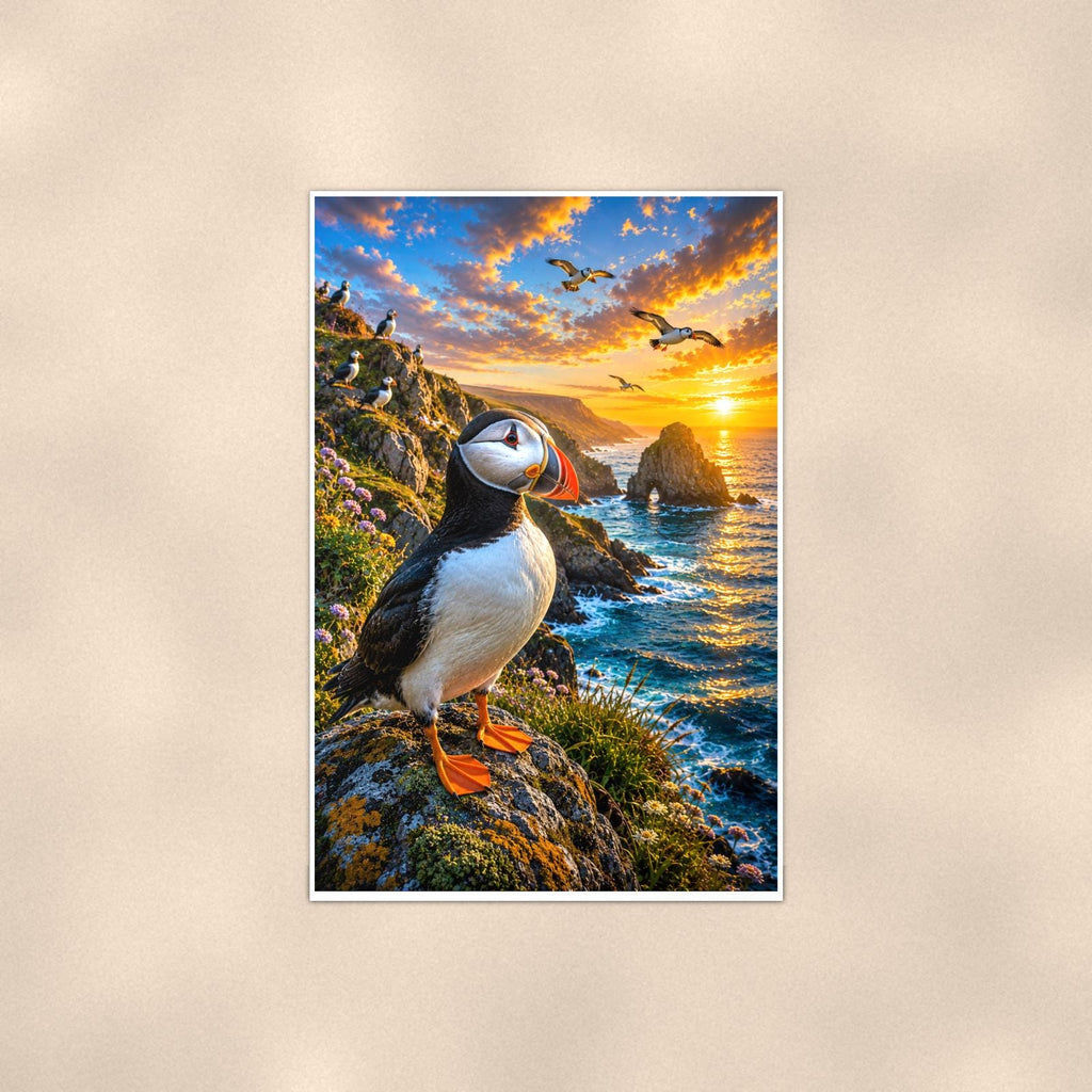 Puffin — 24x36 in art print poster, premium luster paper with a white border; poster shown straight on against a warm wall.
