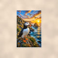Puffin — 24x36 in art print poster, premium luster paper with a white border; poster shown straight on against a warm wall.
