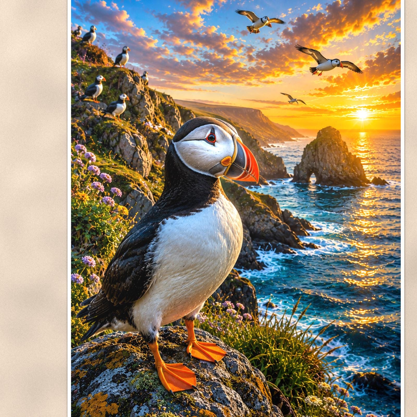 Puffin — 24x36 in art print poster, premium luster paper with a white border; close-up framed on the main subject of the artwork, paper surface visible.