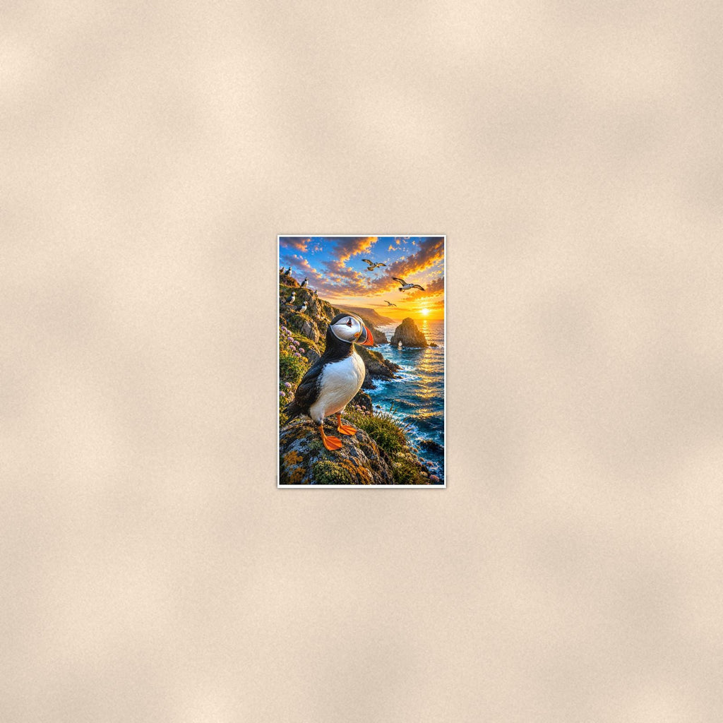 Puffin — 24x36 in art print poster, premium luster paper with a white border; poster seen from further back, at true 24x36 in scale on a warm wall.