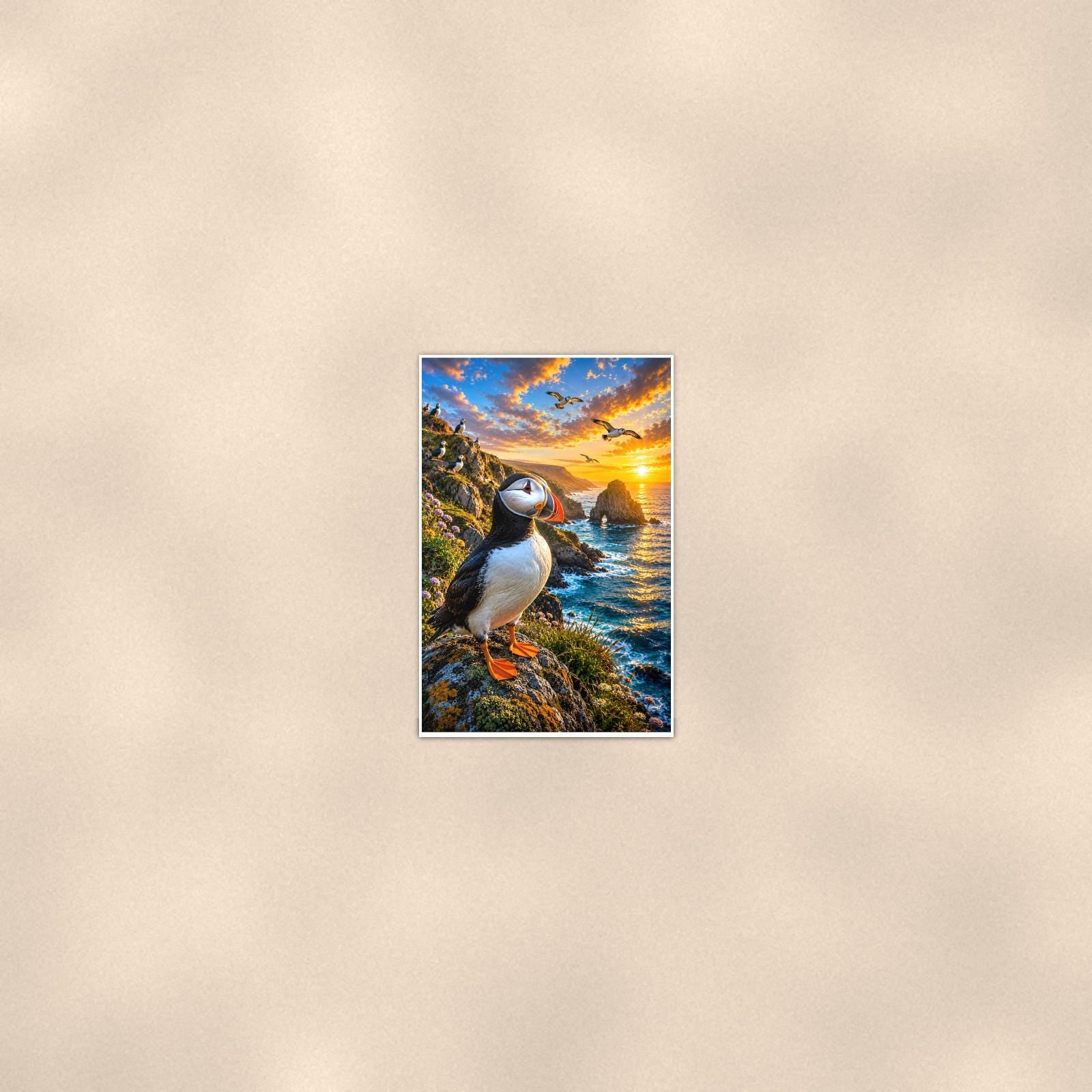 Puffin — 24x36 in art print poster, premium luster paper with a white border; poster seen from further back, at true 24x36 in scale on a warm wall.