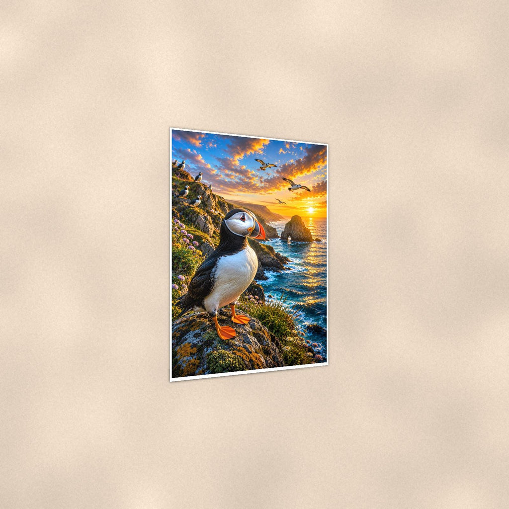 Puffin — 24x36 in art print poster, premium luster paper with a white border; gentle three-quarter angle on a warm wall, showing the flat paper edge.