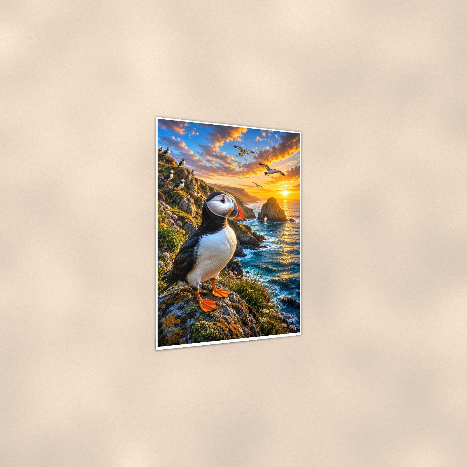 Puffin — 24x36 in art print poster, premium luster paper with a white border; gentle three-quarter angle on a warm wall, showing the flat paper edge.