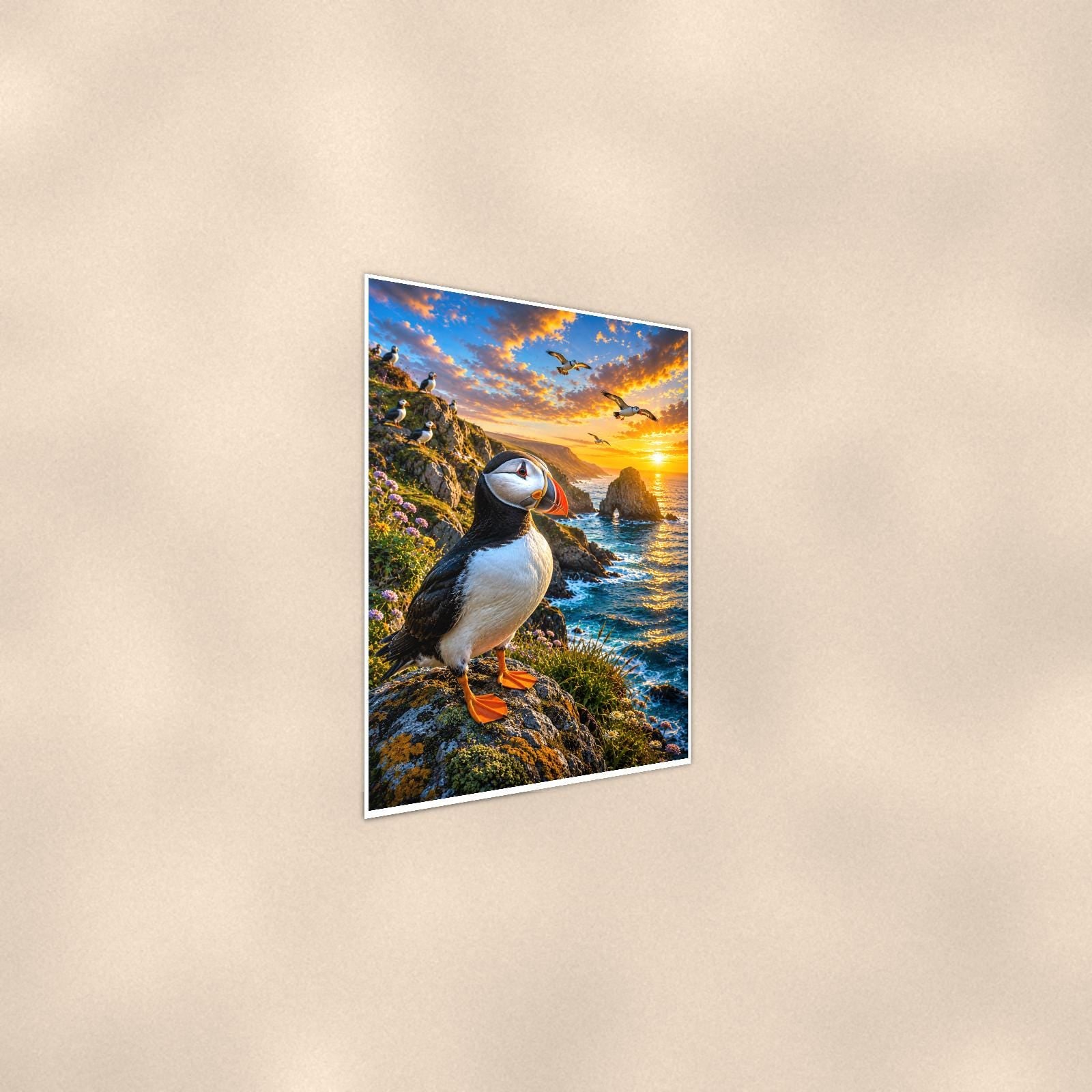 Puffin — 24x36 in art print poster, premium luster paper with a white border; steeper three-quarter angle on a warm wall, catching the luster sheen.