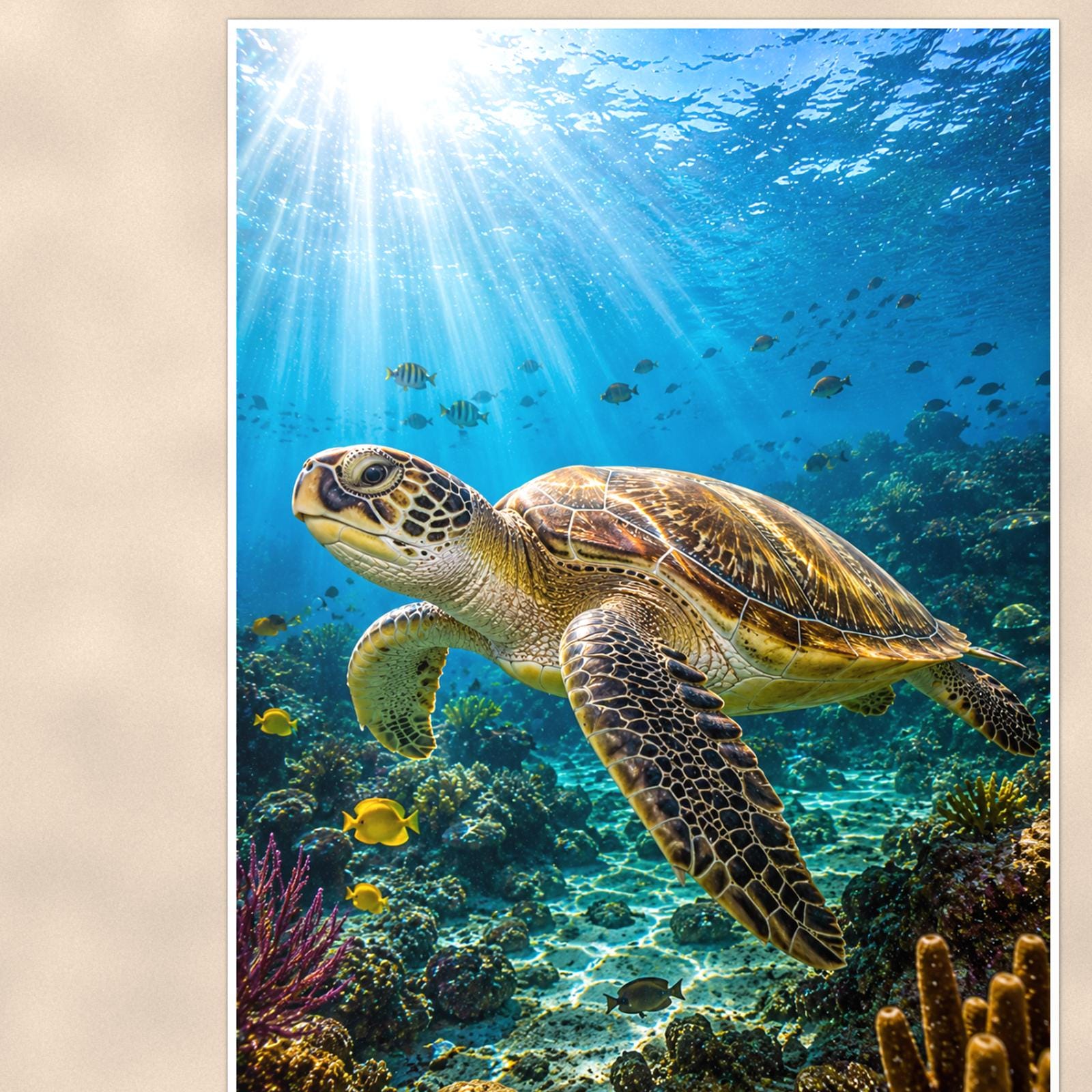 Sea Turtle Portrait — 24x36 in art print poster, premium luster paper with a white border; close-up framed on the main subject of the artwork, paper surface visible.