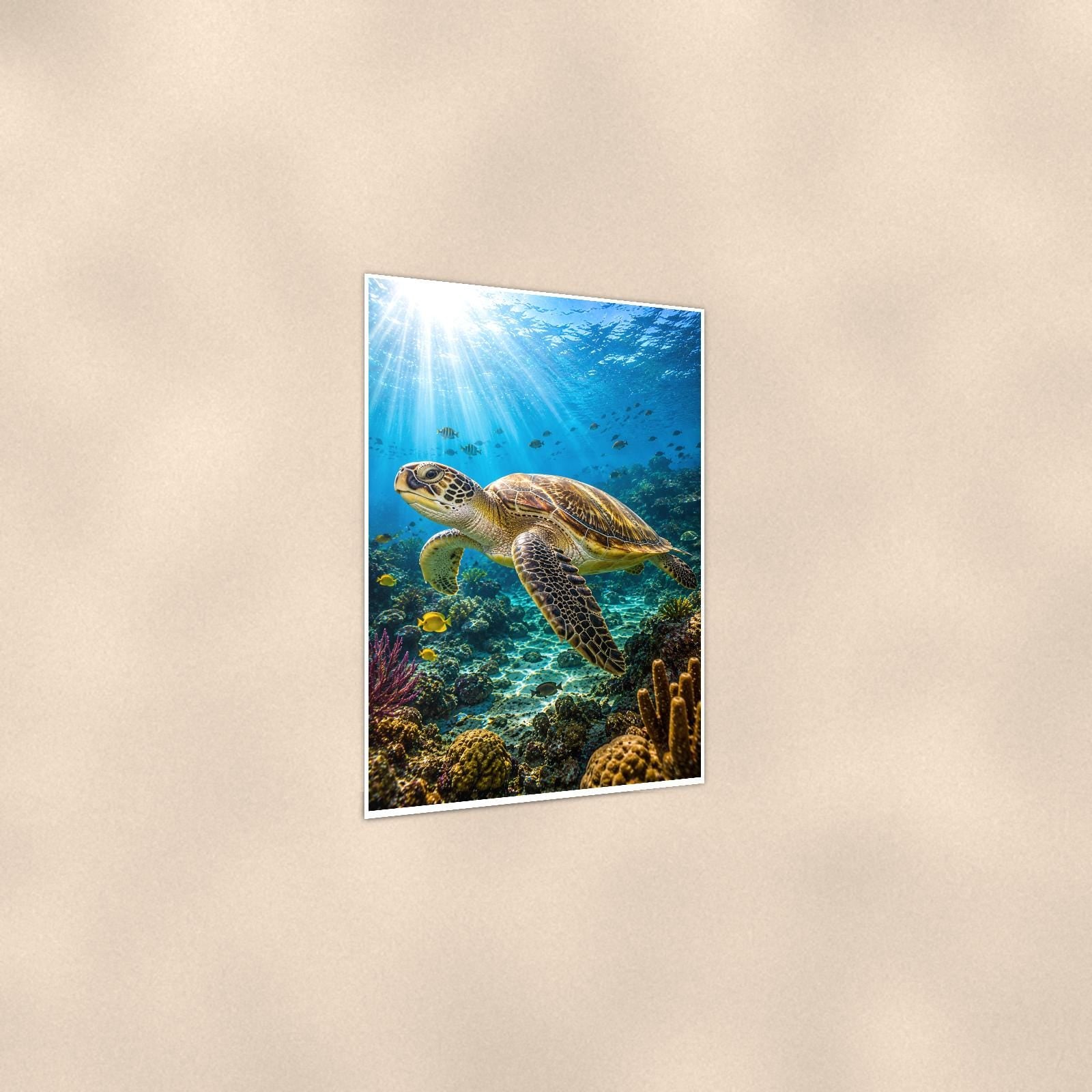 Sea Turtle Portrait — 24x36 in art print poster, premium luster paper with a white border; gentle three-quarter angle on a warm wall, showing the flat paper edge.