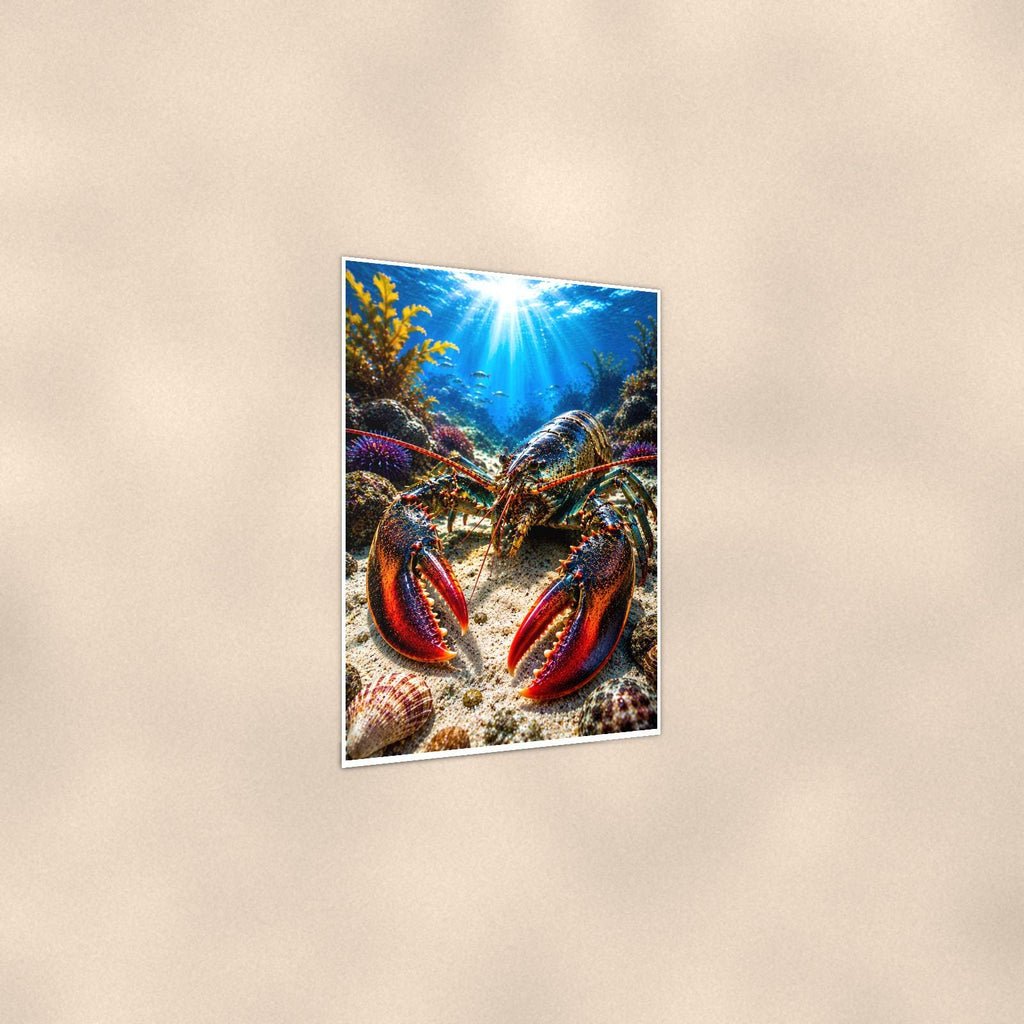 Lobster Close-Up — 24x36 in art print poster, premium luster paper with a white border; gentle three-quarter angle on a warm wall, showing the flat paper edge.