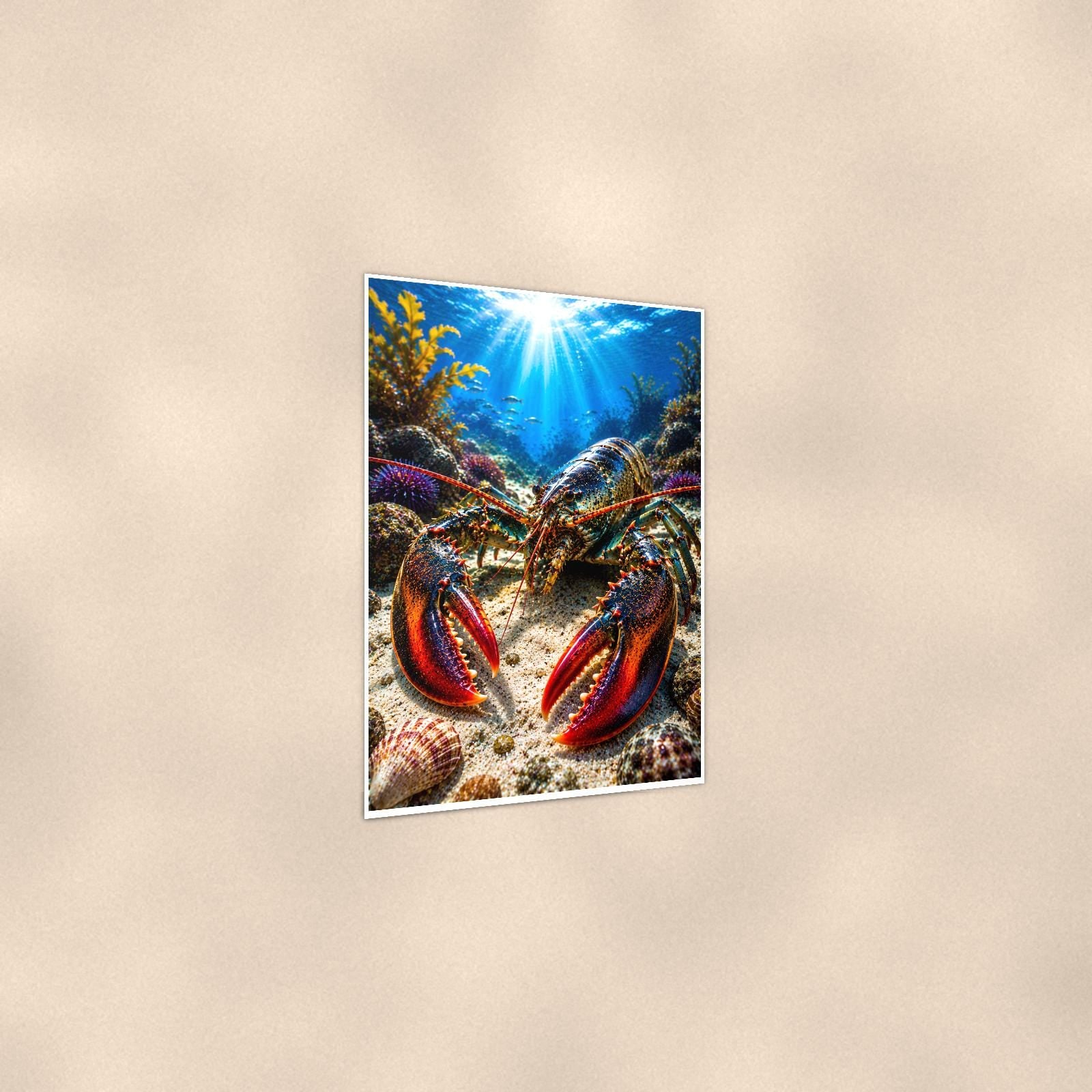 Lobster Close-Up — 24x36 in art print poster, premium luster paper with a white border; gentle three-quarter angle on a warm wall, showing the flat paper edge.