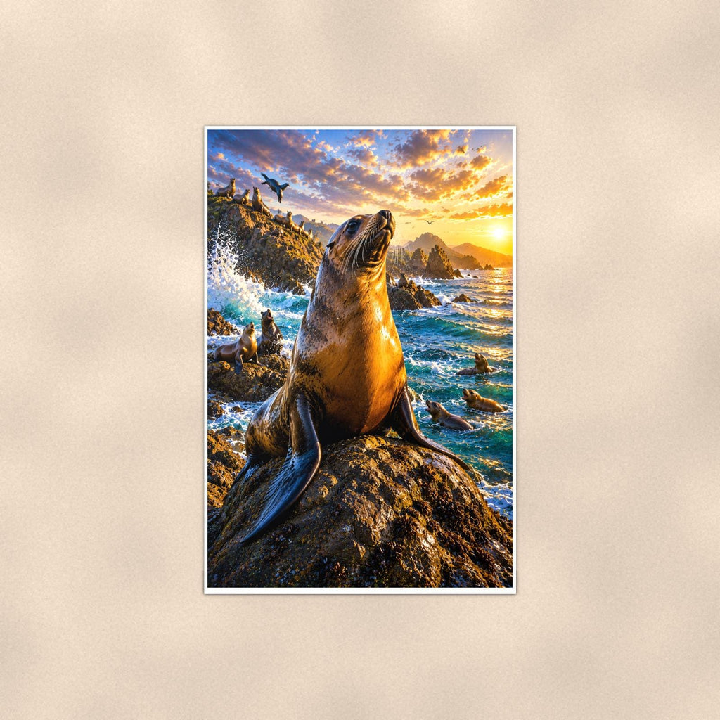 Sea Lion — 24x36 in art print poster, premium luster paper with a white border; poster shown straight on against a warm wall.