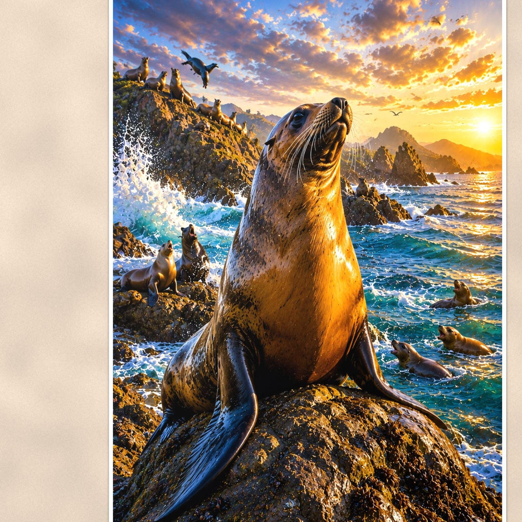 Sea Lion — 24x36 in art print poster, premium luster paper with a white border; close-up framed on the main subject of the artwork, paper surface visible.