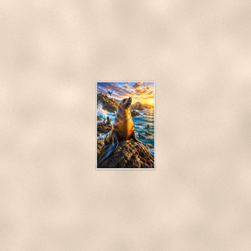 Sea Lion — 24x36 in art print poster, premium luster paper with a white border; poster seen from further back, at true 24x36 in scale on a warm wall.