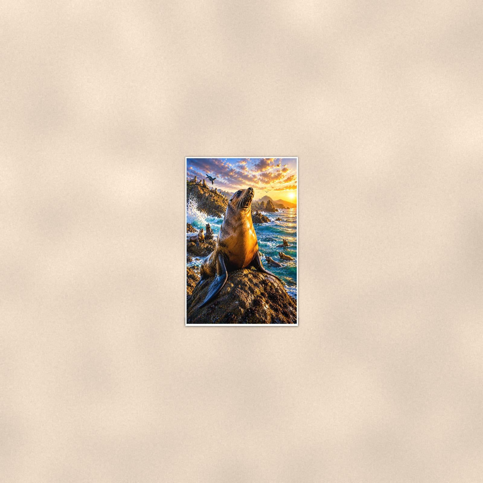Sea Lion — 24x36 in art print poster, premium luster paper with a white border; poster seen from further back, at true 24x36 in scale on a warm wall.
