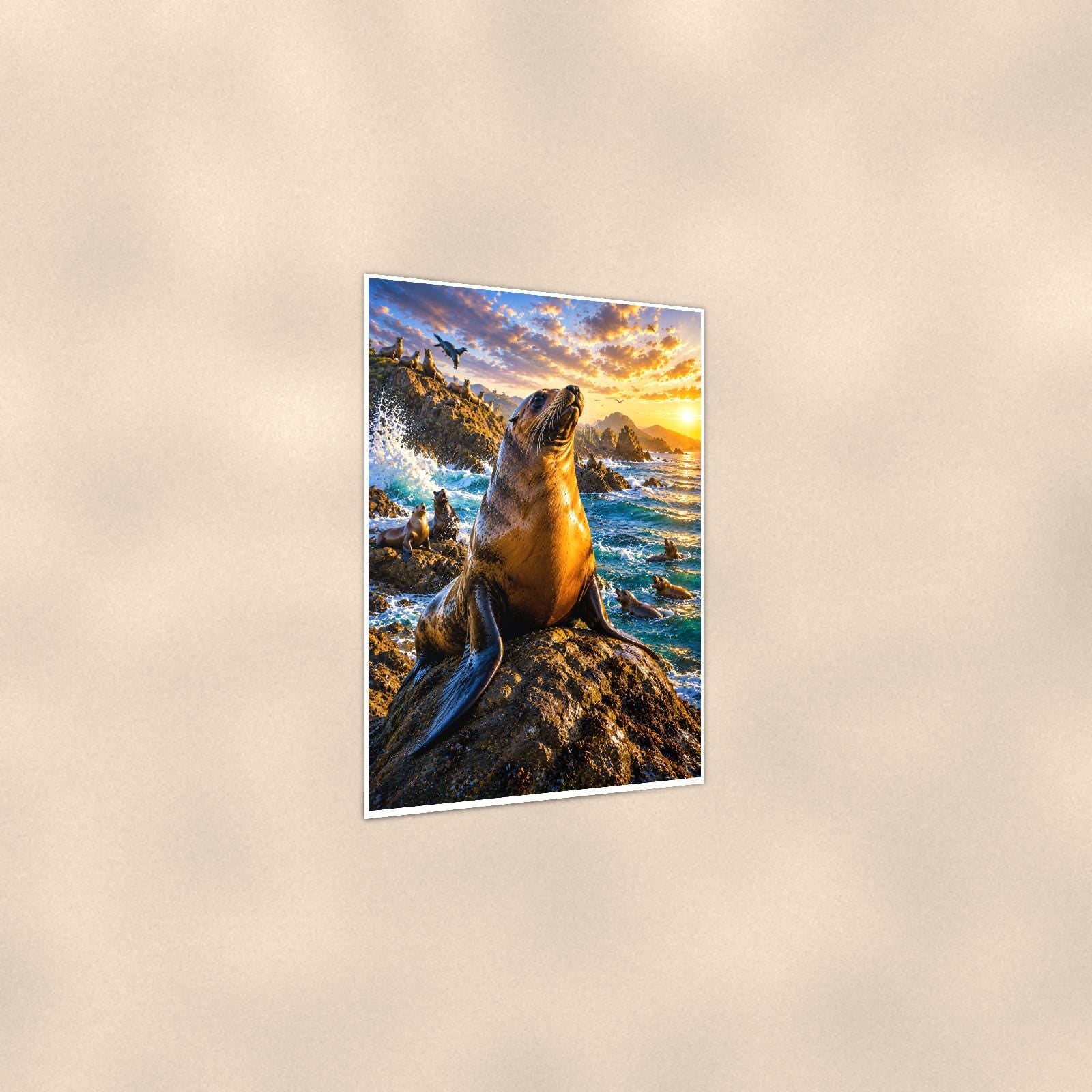 Sea Lion — 24x36 in art print poster, premium luster paper with a white border; gentle three-quarter angle on a warm wall, showing the flat paper edge.