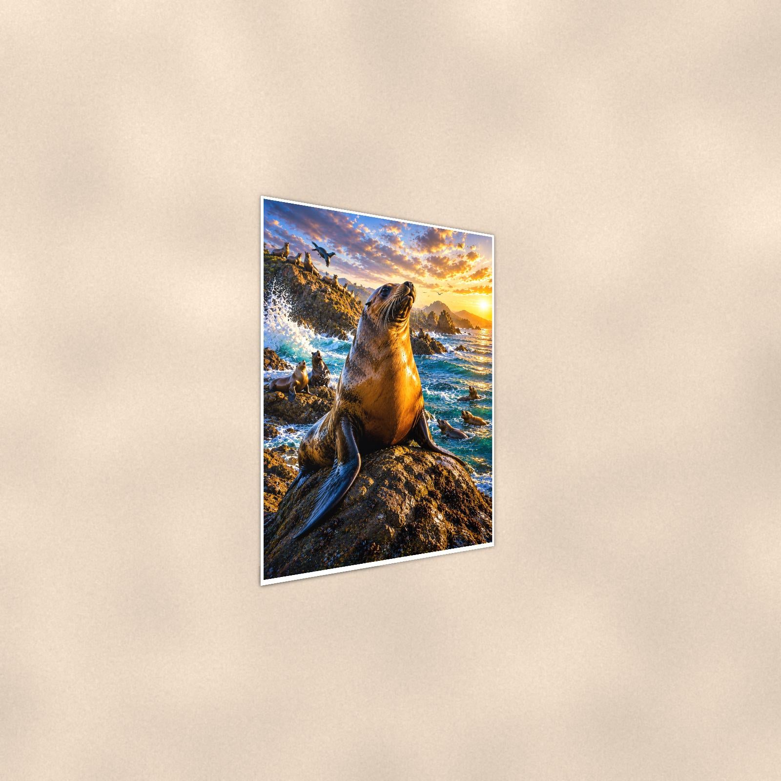 Sea Lion — 24x36 in art print poster, premium luster paper with a white border; steeper three-quarter angle on a warm wall, catching the luster sheen.