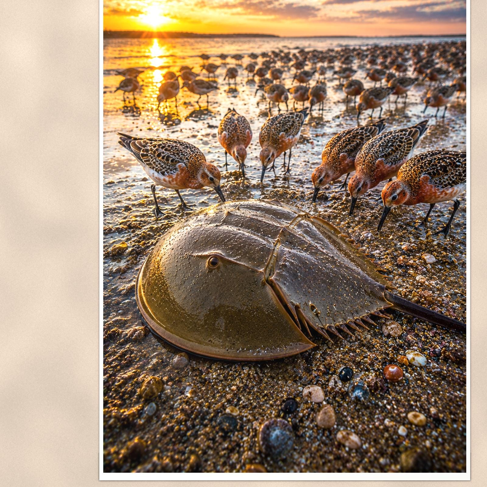 Horseshoe Crab Pair — 24x36 in art print poster, premium luster paper with a white border; close-up framed on the main subject of the artwork, paper surface visible.