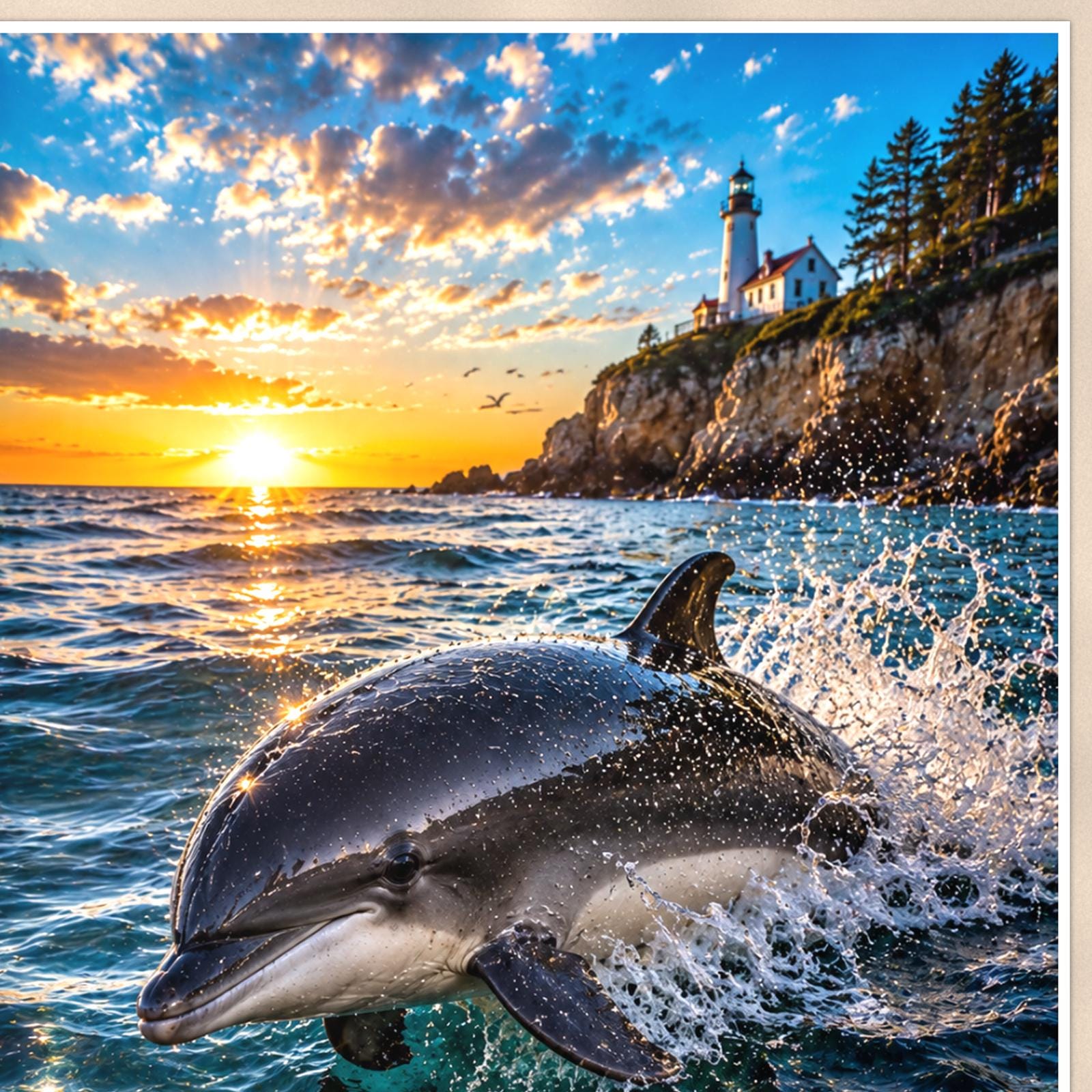 Dolphin Duo — 24x36 in art print poster, premium luster paper with a white border; close-up framed on the main subject of the artwork, paper surface visible.