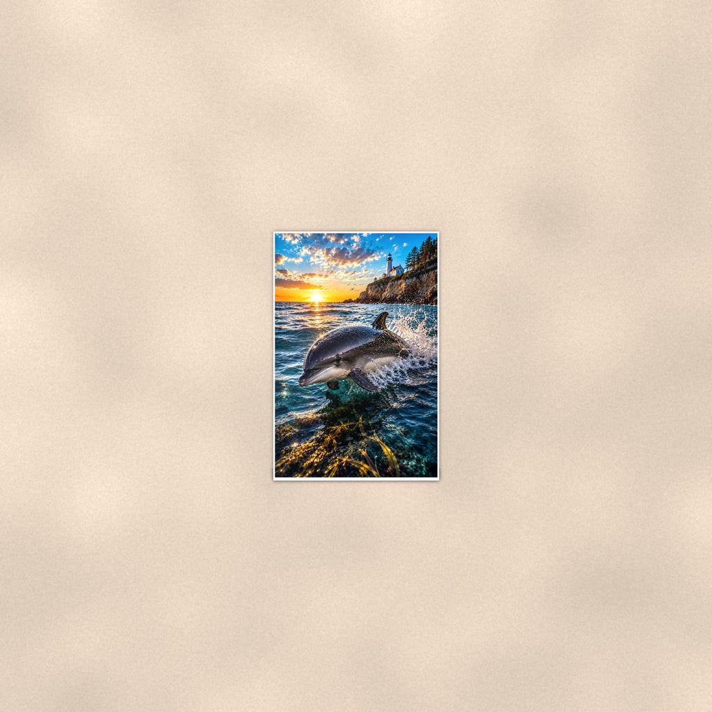 Dolphin Duo — 24x36 in art print poster, premium luster paper with a white border; poster seen from further back, at true 24x36 in scale on a warm wall.