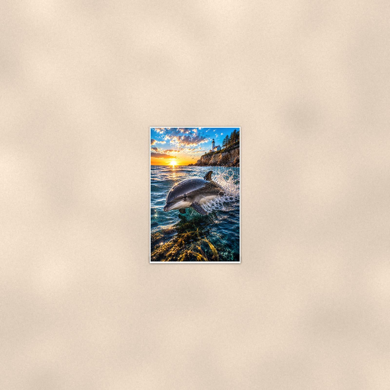 Dolphin Duo — 24x36 in art print poster, premium luster paper with a white border; poster seen from further back, at true 24x36 in scale on a warm wall.