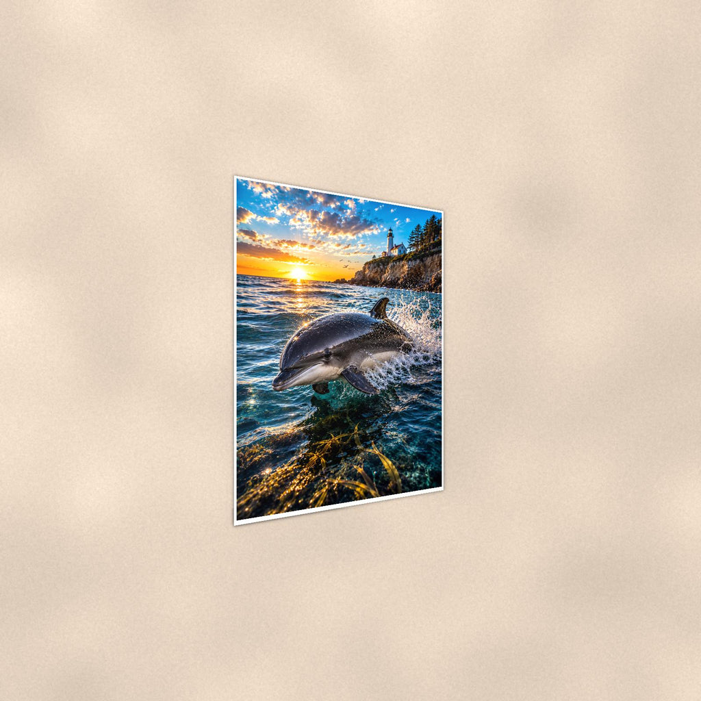 Dolphin Duo — 24x36 in art print poster, premium luster paper with a white border; steeper three-quarter angle on a warm wall, catching the luster sheen.