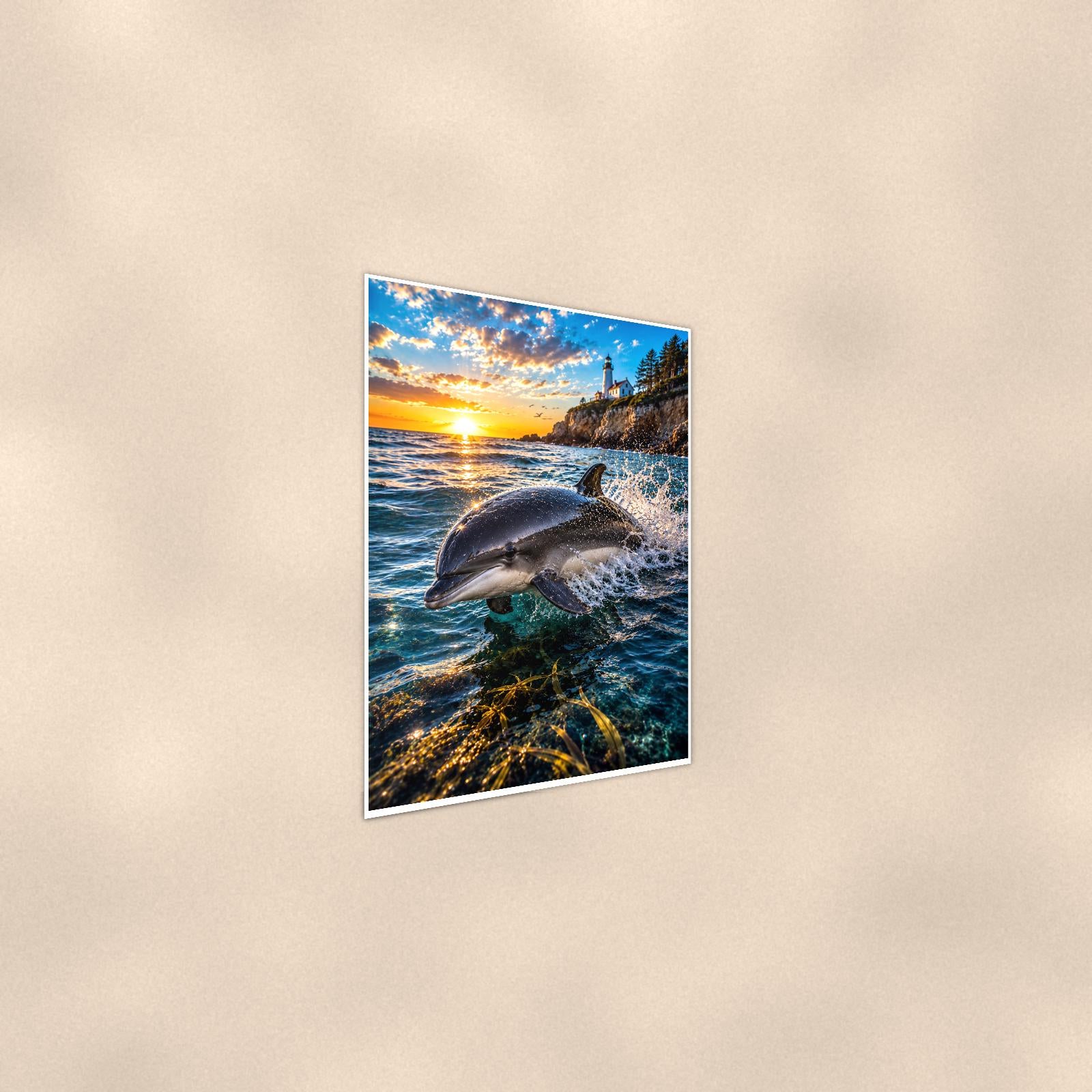 Dolphin Duo — 24x36 in art print poster, premium luster paper with a white border; steeper three-quarter angle on a warm wall, catching the luster sheen.