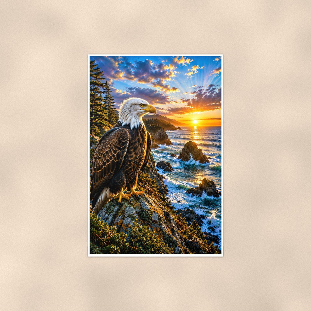 Bald Eagle Portrait — 24x36 in art print poster, premium luster paper with a white border; poster shown straight on against a warm wall.