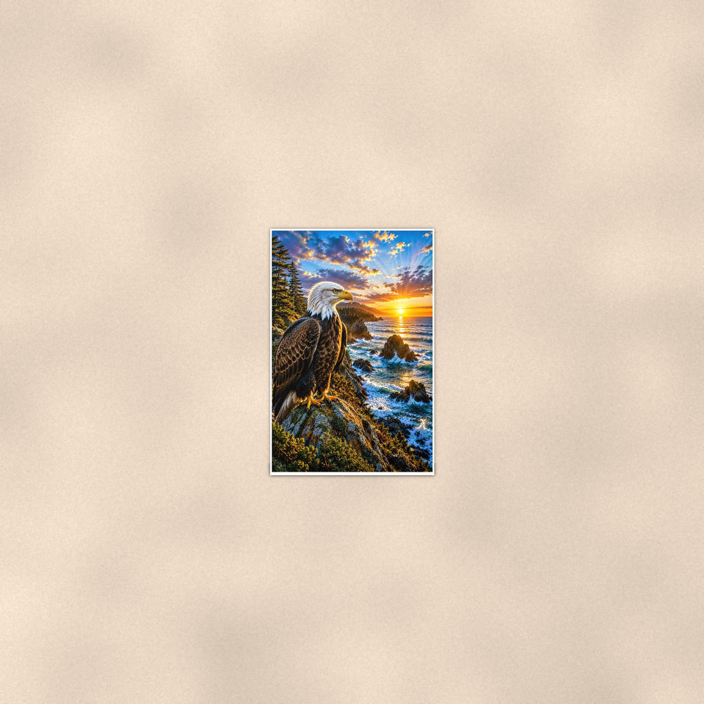 Bald Eagle Portrait — 24x36 in art print poster, premium luster paper with a white border; poster seen from further back, at true 24x36 in scale on a warm wall.