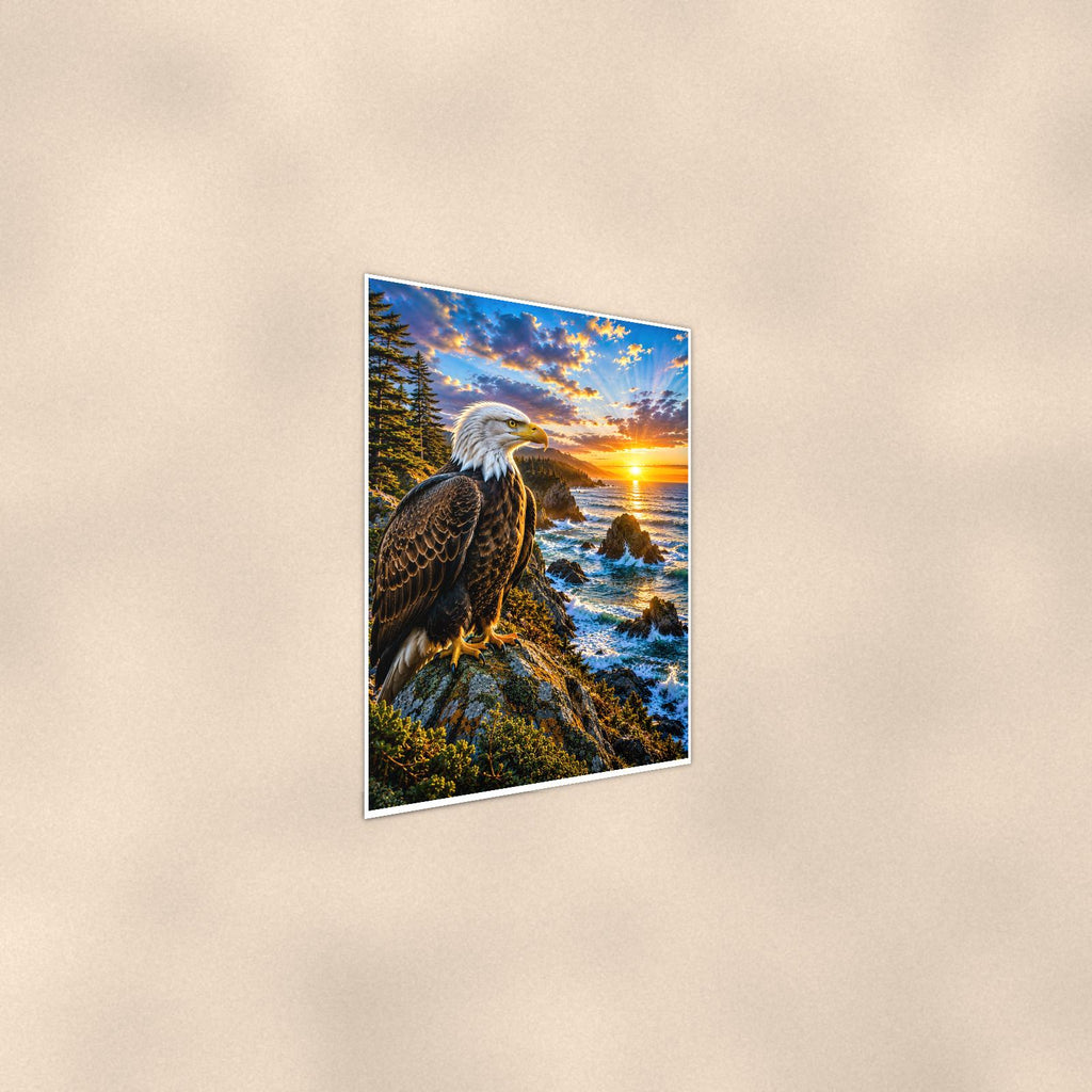 Bald Eagle Portrait — 24x36 in art print poster, premium luster paper with a white border; steeper three-quarter angle on a warm wall, catching the luster sheen.