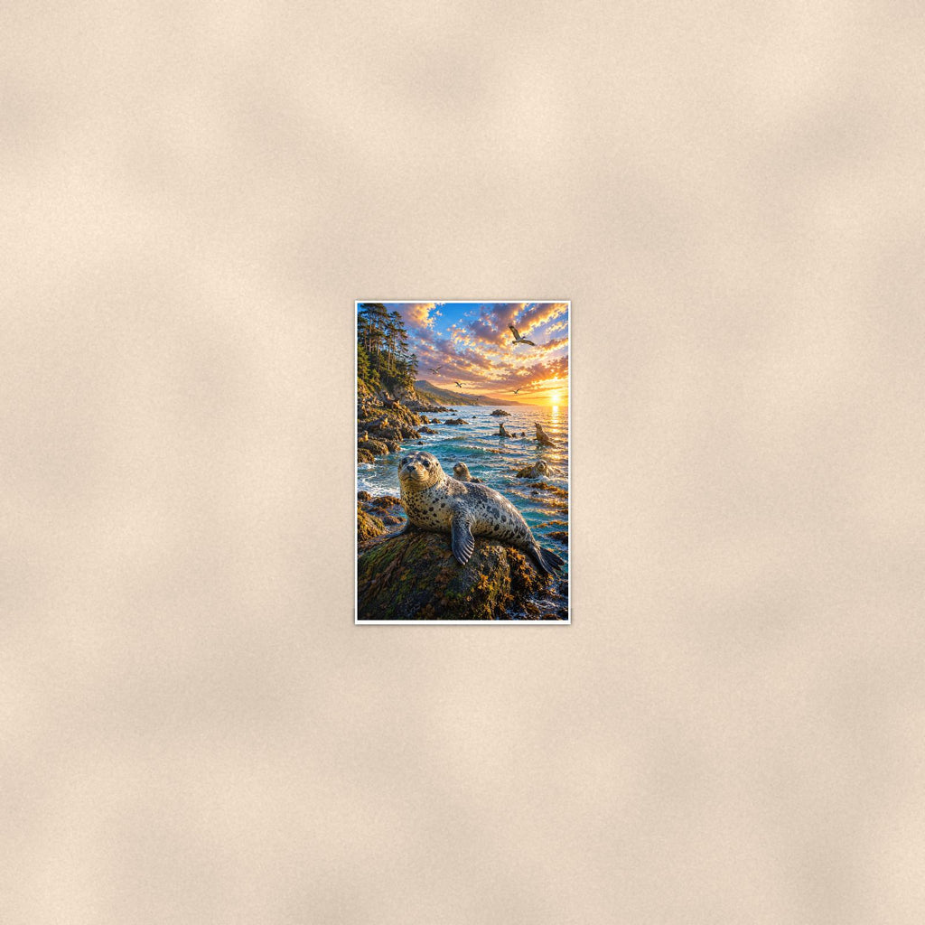 Seal — 24x36 in art print poster, premium luster paper with a white border; poster seen from further back, at true 24x36 in scale on a warm wall.