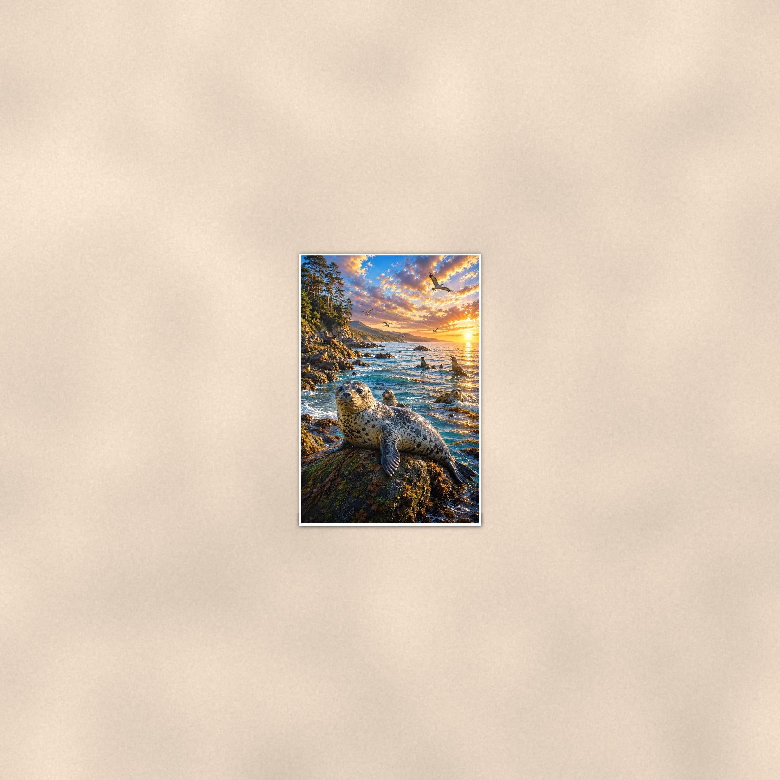 Seal — 24x36 in art print poster, premium luster paper with a white border; poster seen from further back, at true 24x36 in scale on a warm wall.