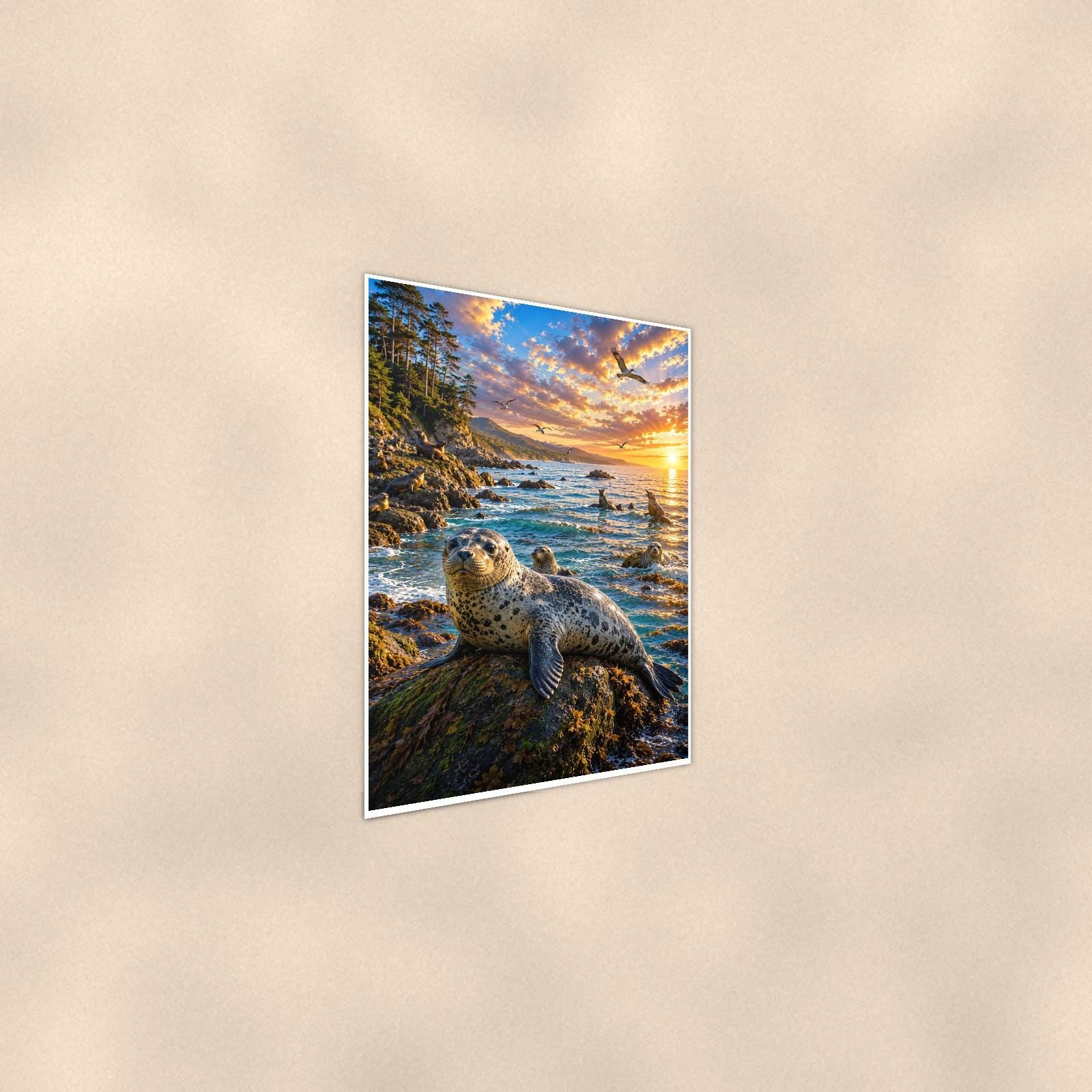 Seal — 24x36 in art print poster, premium luster paper with a white border; steeper three-quarter angle on a warm wall, catching the luster sheen.