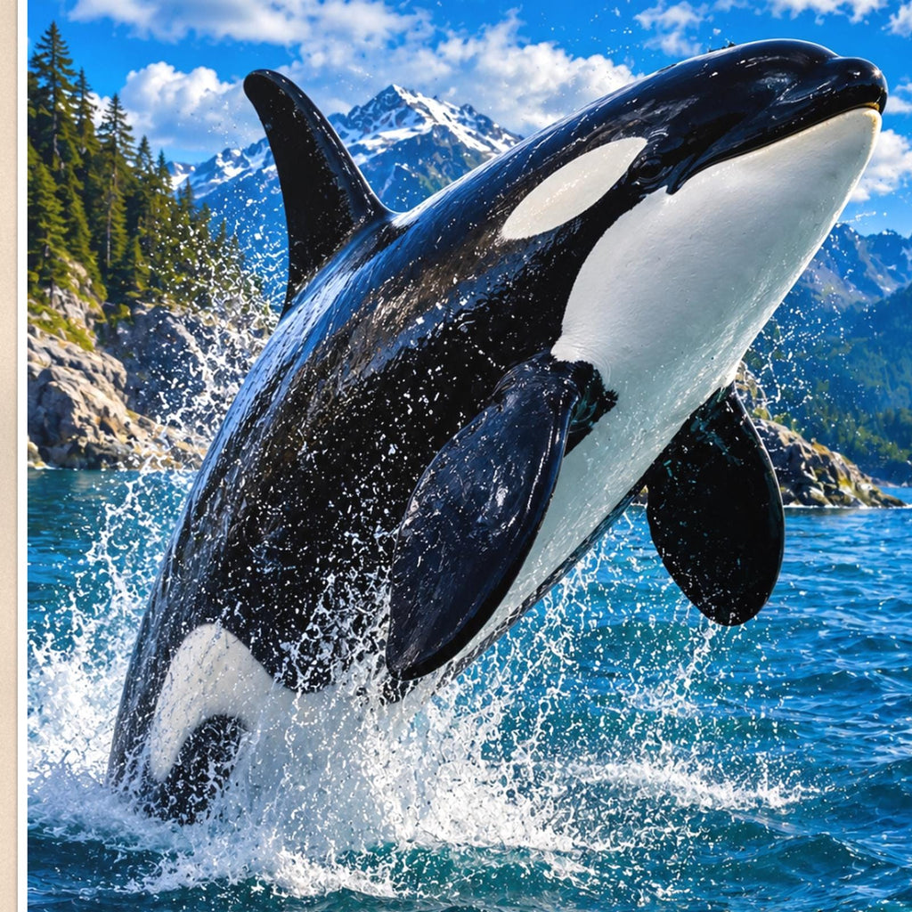 Orca Pod — 24x36 in art print poster, premium luster paper with a white border; close-up framed on the main subject of the artwork, paper surface visible.