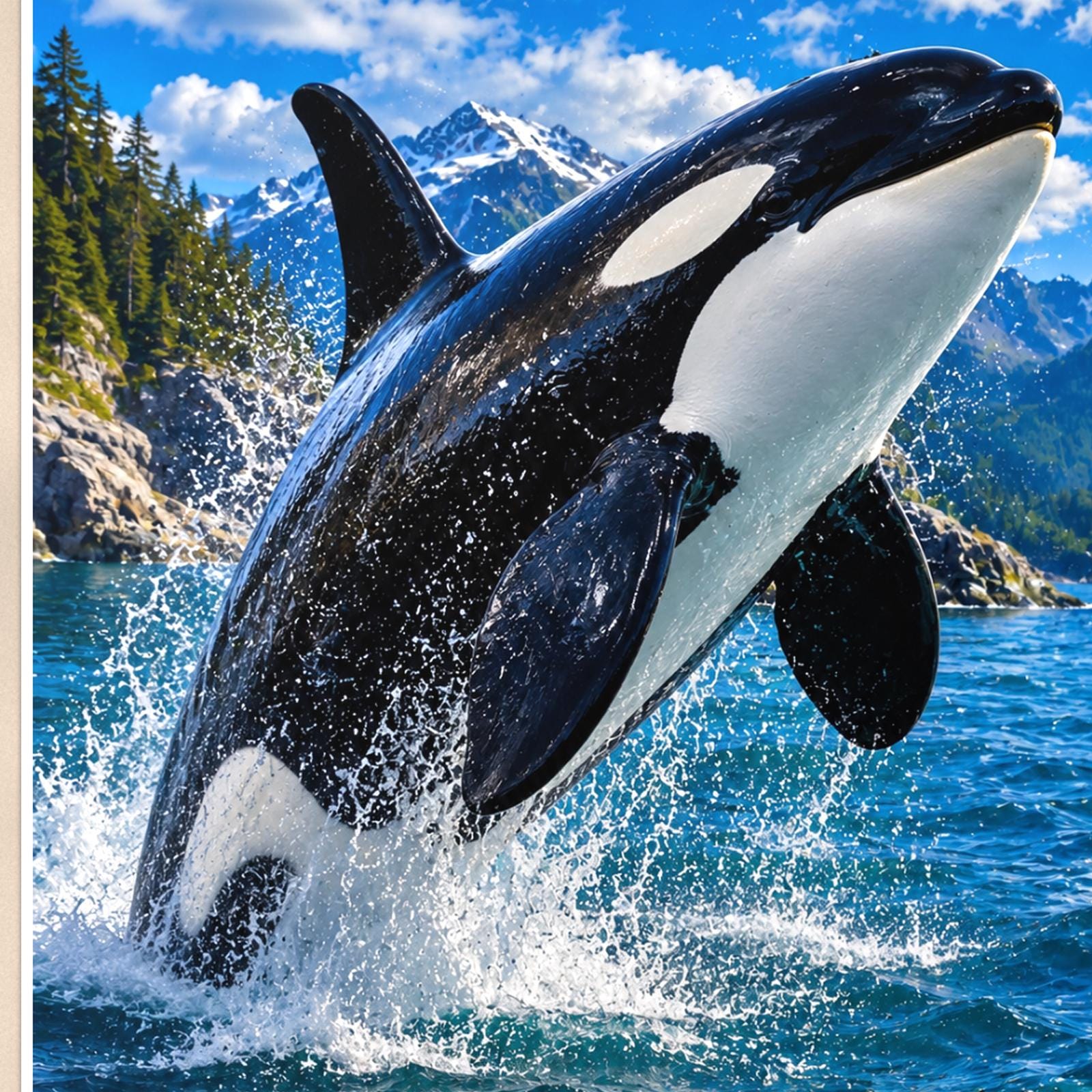 Orca Pod — 24x36 in art print poster, premium luster paper with a white border; close-up framed on the main subject of the artwork, paper surface visible.