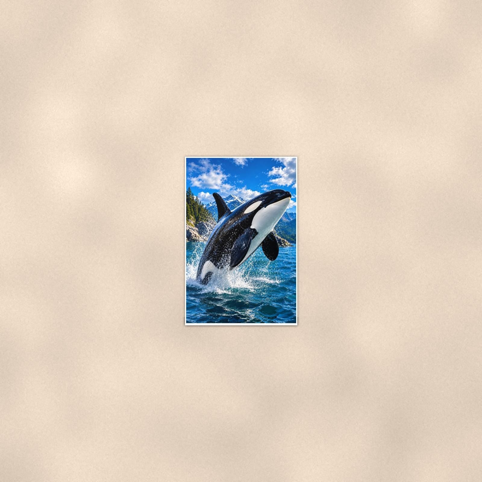 Orca Pod — 24x36 in art print poster, premium luster paper with a white border; poster seen from further back, at true 24x36 in scale on a warm wall.