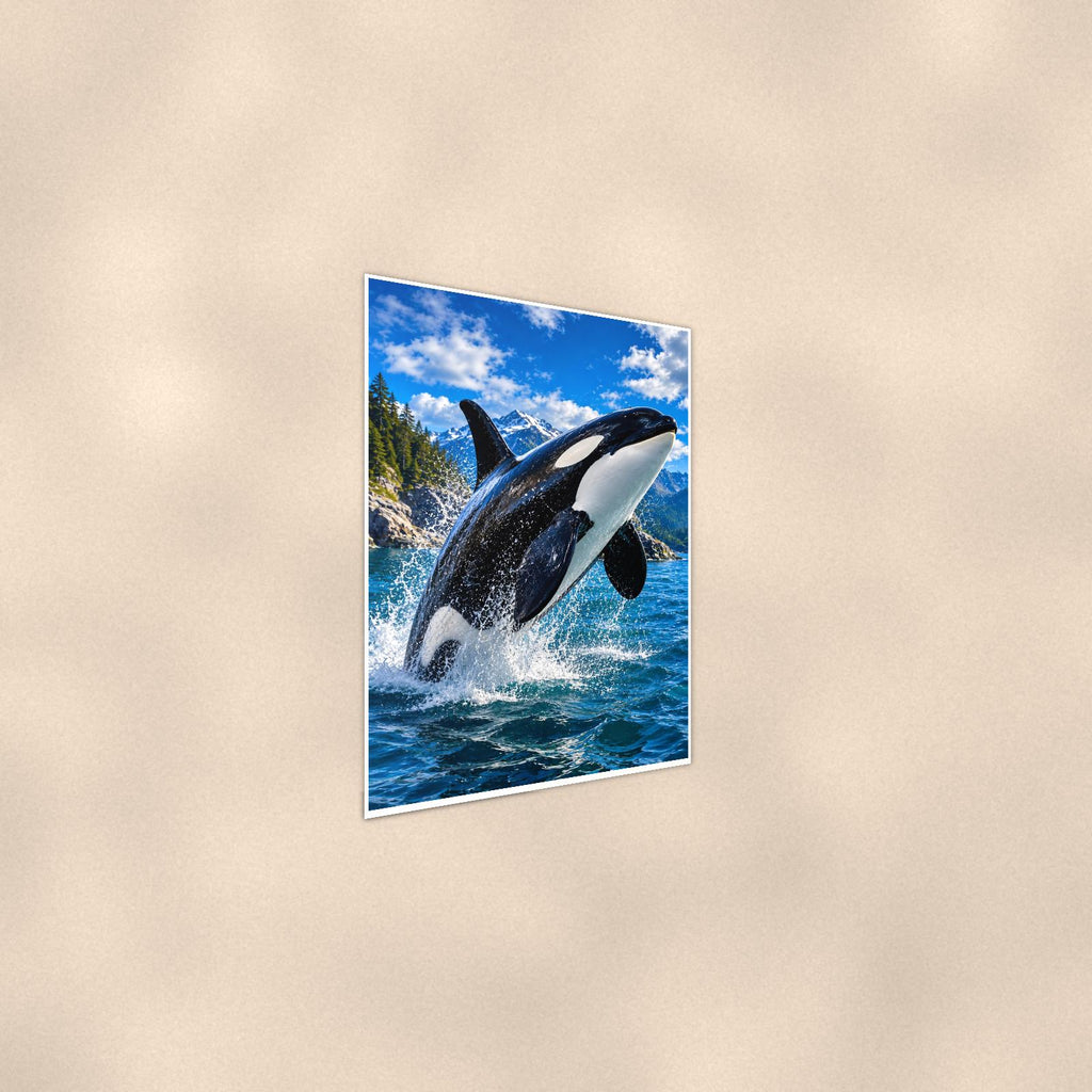 Orca Pod — 24x36 in art print poster, premium luster paper with a white border; steeper three-quarter angle on a warm wall, catching the luster sheen.