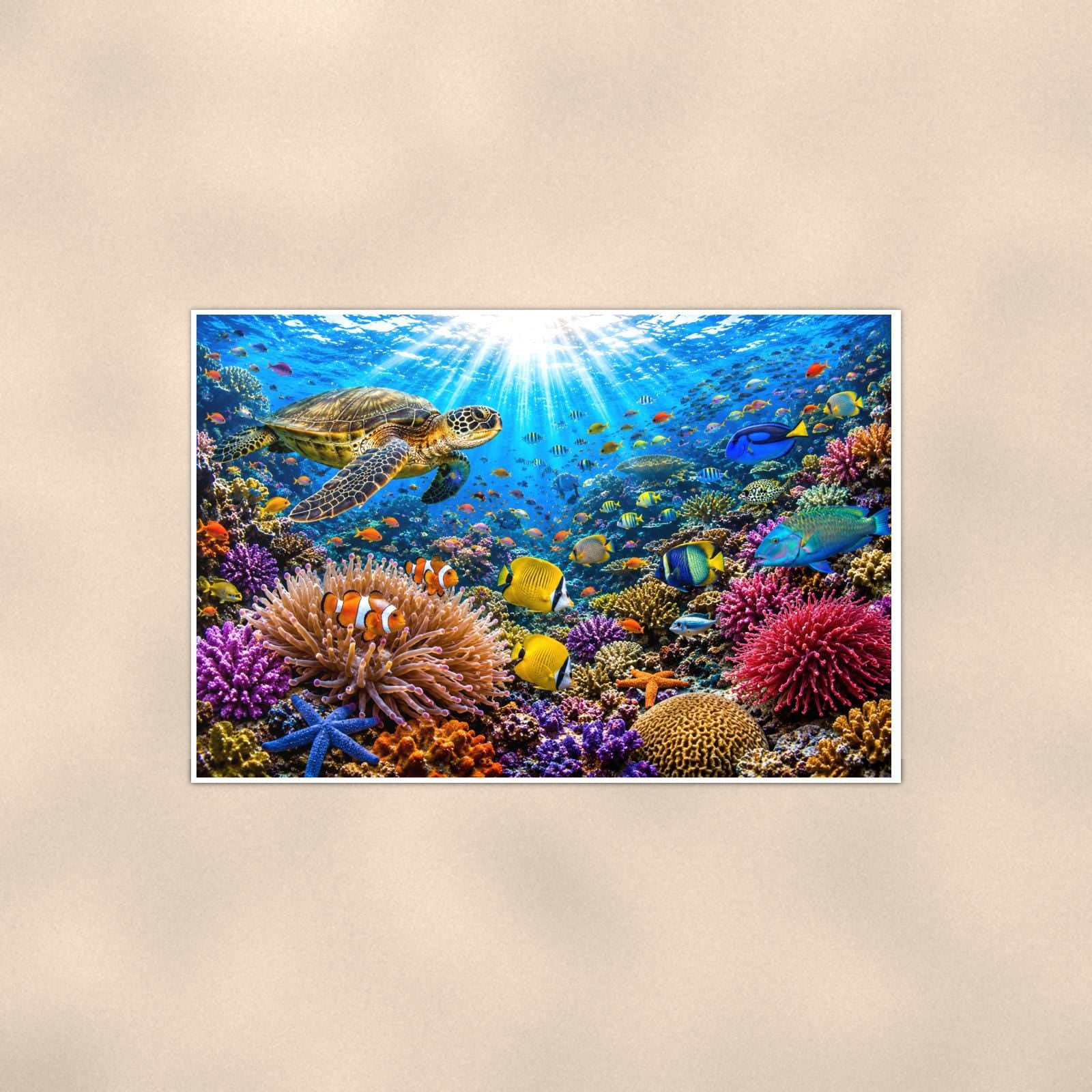 Coral Reef Study — 36x24 in art print poster, premium luster paper with a white border; poster shown straight on against a warm wall.