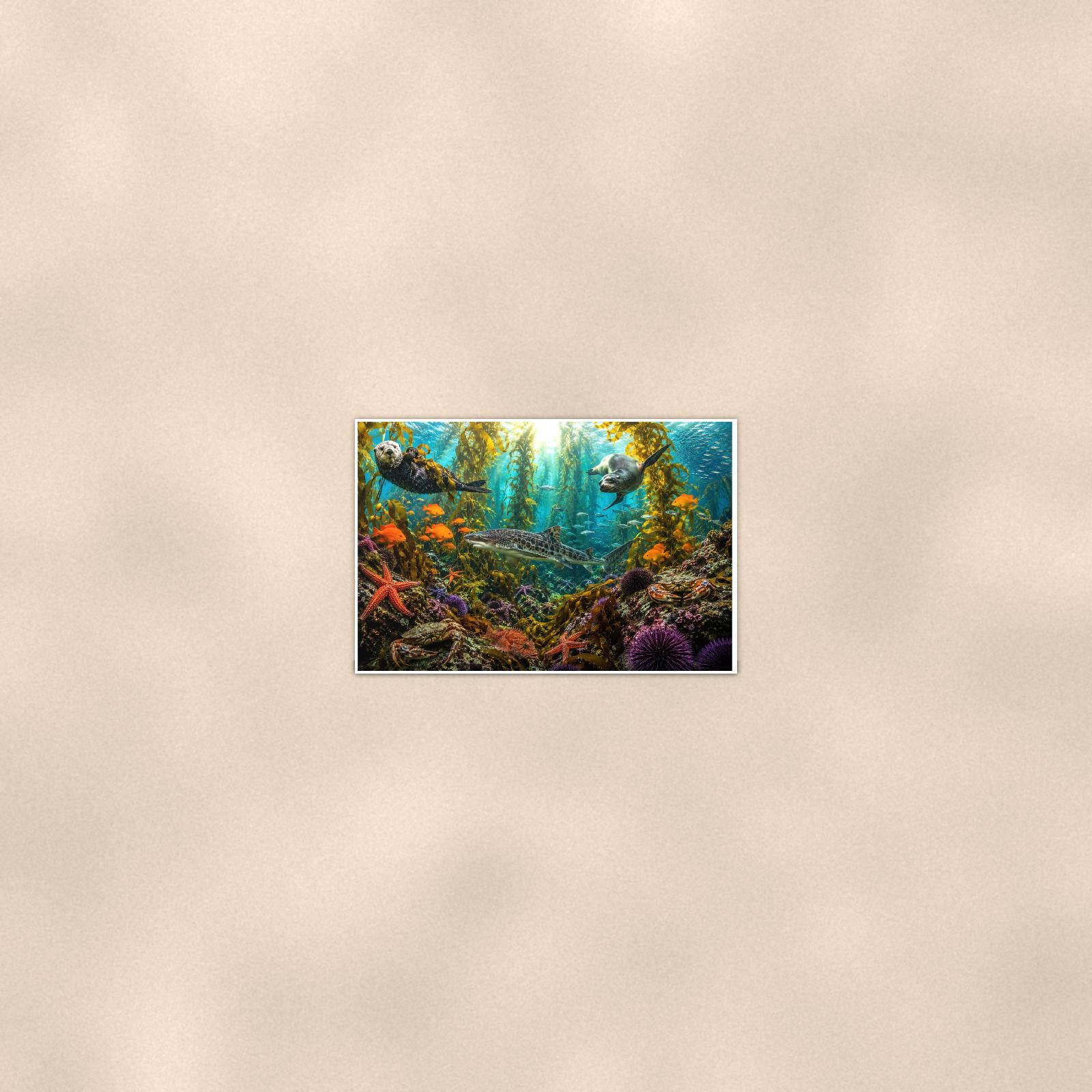 Mangrove Reef — 36x24 in art print poster, premium luster paper with a white border; poster seen from further back, at true 24x36 in scale on a warm wall.