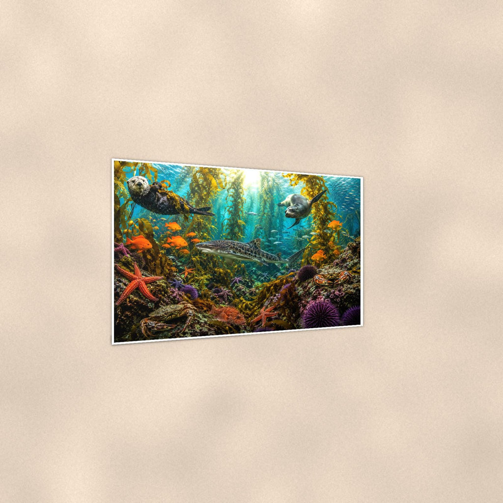 Mangrove Reef — 36x24 in art print poster, premium luster paper with a white border; gentle three-quarter angle on a warm wall, showing the flat paper edge.