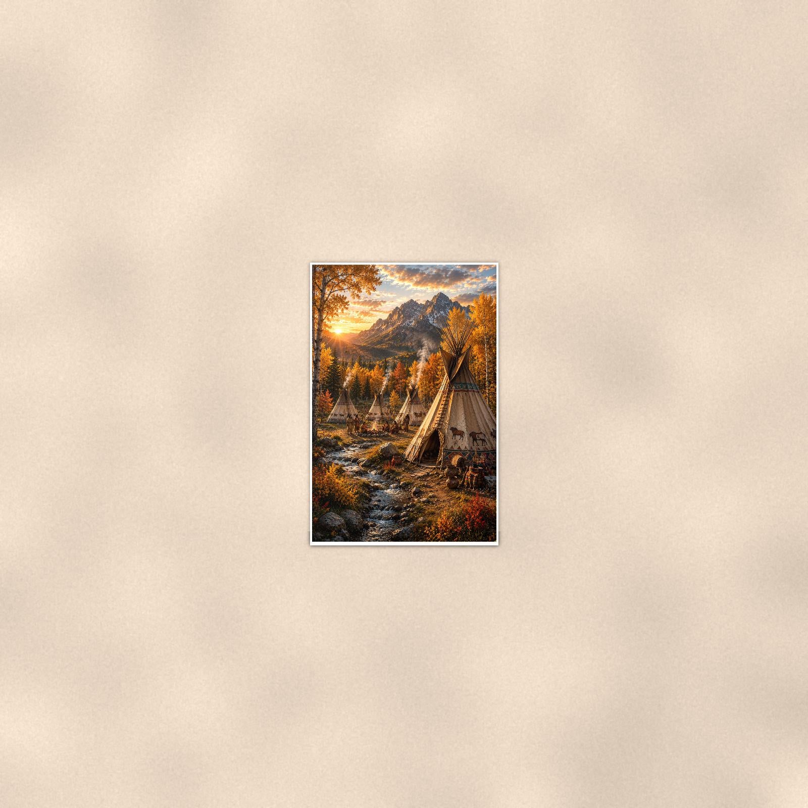 Mountain Teepee Camp — 24x36 in art print poster, premium luster paper with a white border; poster seen from further back, at true 24x36 in scale on a warm wall.