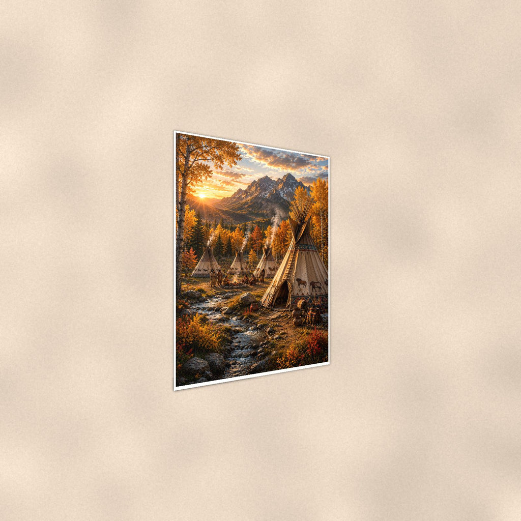 Mountain Teepee Camp — 24x36 in art print poster, premium luster paper with a white border; steeper three-quarter angle on a warm wall, catching the luster sheen.