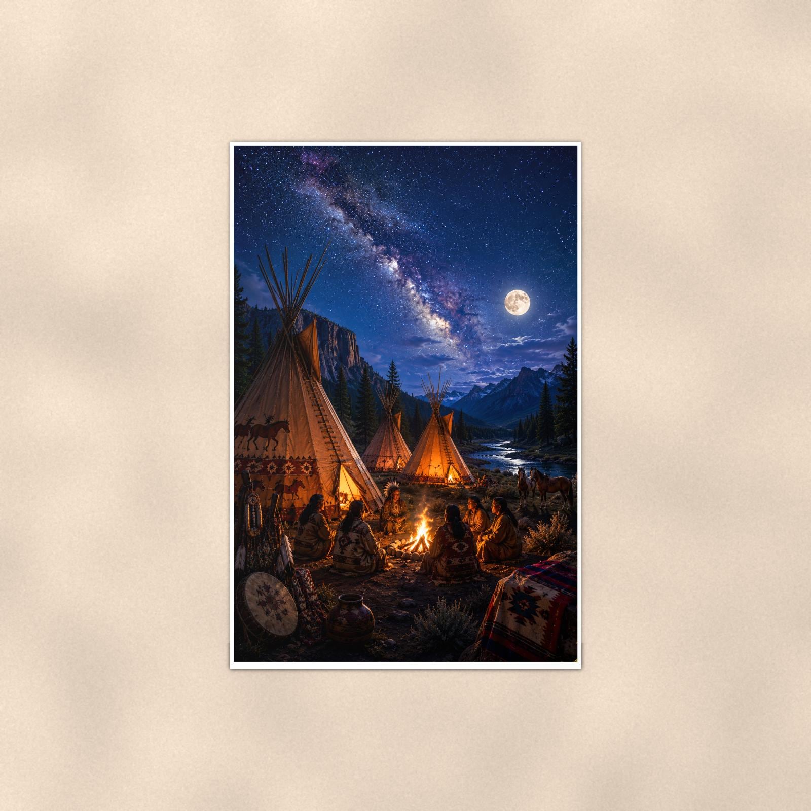 Starry Teepee Camp — 24x36 in art print poster, premium luster paper with a white border; poster shown straight on against a warm wall.