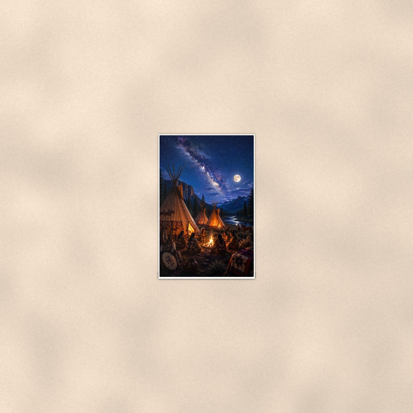 Starry Teepee Camp — 24x36 in art print poster, premium luster paper with a white border; poster seen from further back, at true 24x36 in scale on a warm wall.