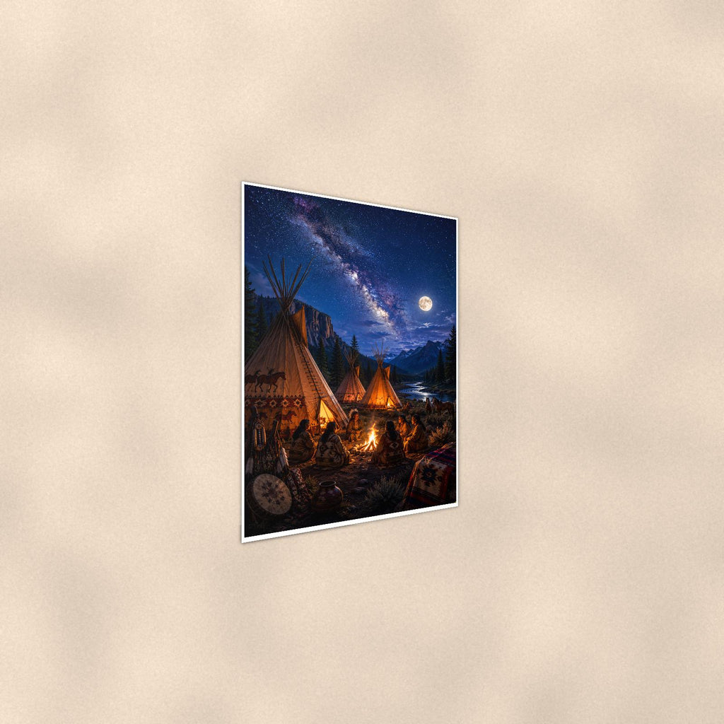 Starry Teepee Camp — 24x36 in art print poster, premium luster paper with a white border; steeper three-quarter angle on a warm wall, catching the luster sheen.