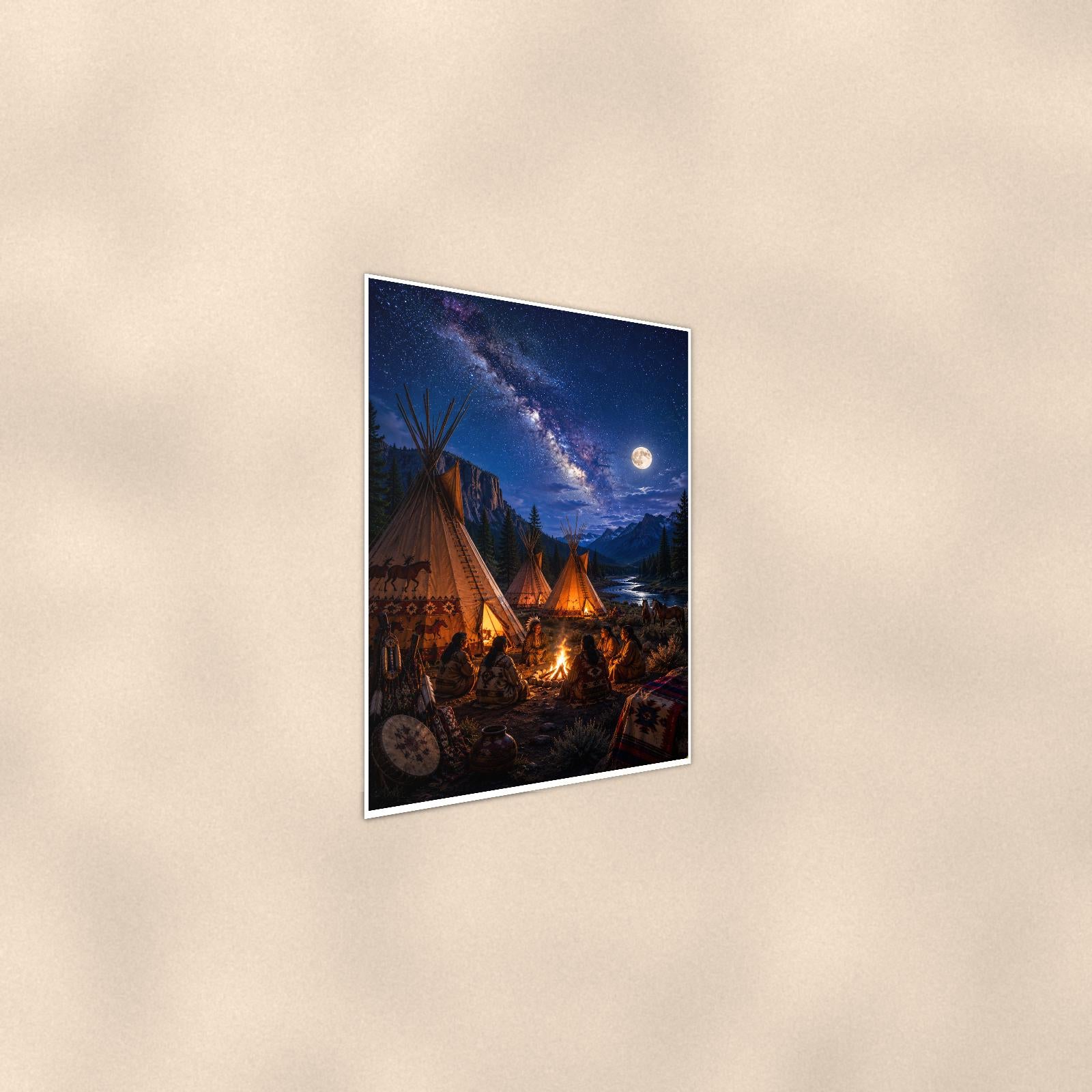 Starry Teepee Camp — 24x36 in art print poster, premium luster paper with a white border; steeper three-quarter angle on a warm wall, catching the luster sheen.