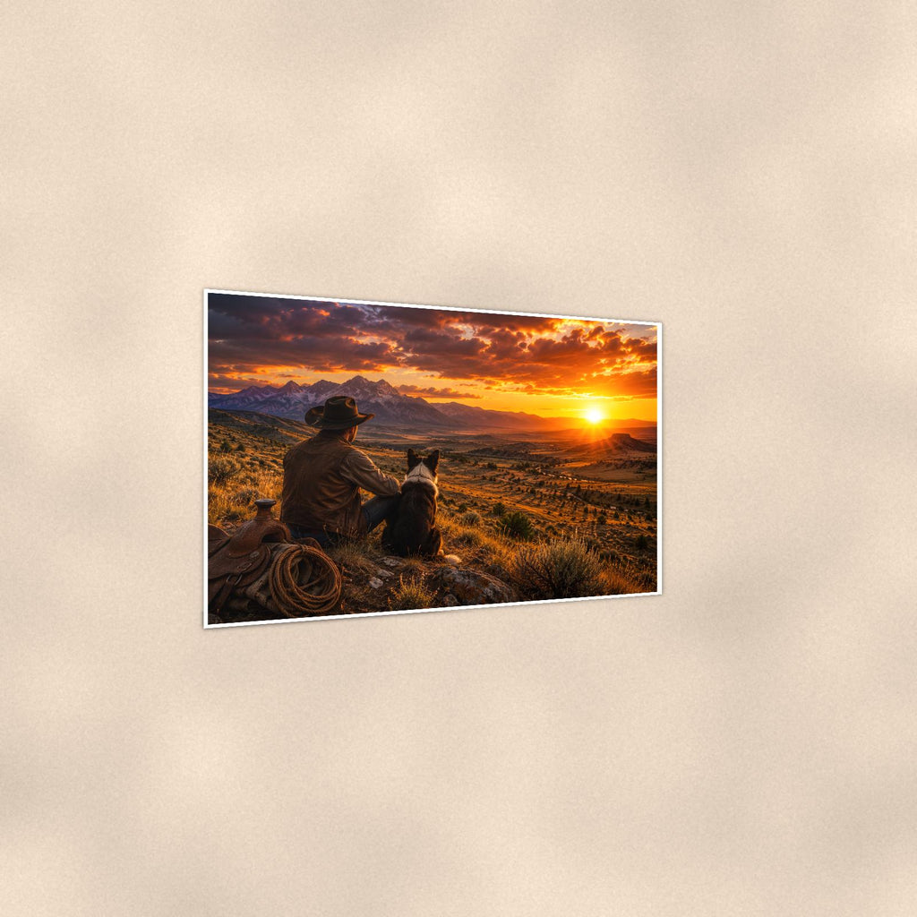 Prairie Outlook — 36x24 in art print poster, premium luster paper with a white border; gentle three-quarter angle on a warm wall, showing the flat paper edge.
