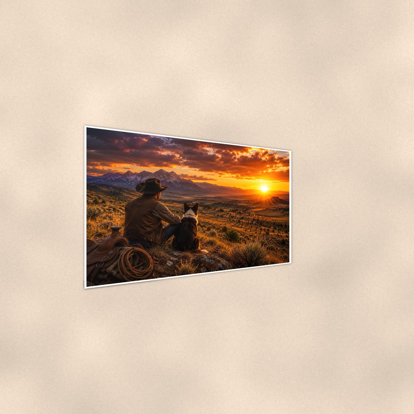 Prairie Outlook — 36x24 in art print poster, premium luster paper with a white border; steeper three-quarter angle on a warm wall, catching the luster sheen.
