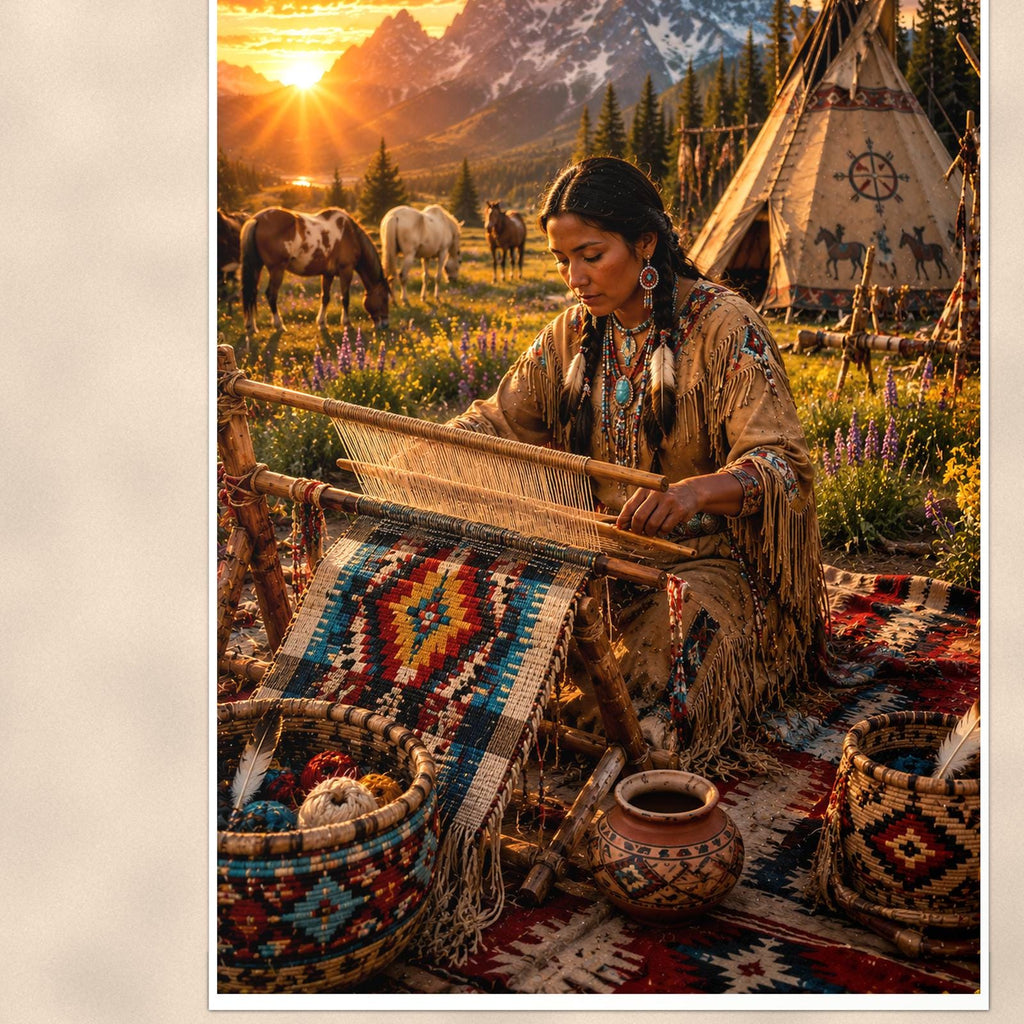 Native Weaving Scene — 24x36 in art print poster, premium luster paper with a white border; close-up framed on the main subject of the artwork, paper surface visible.