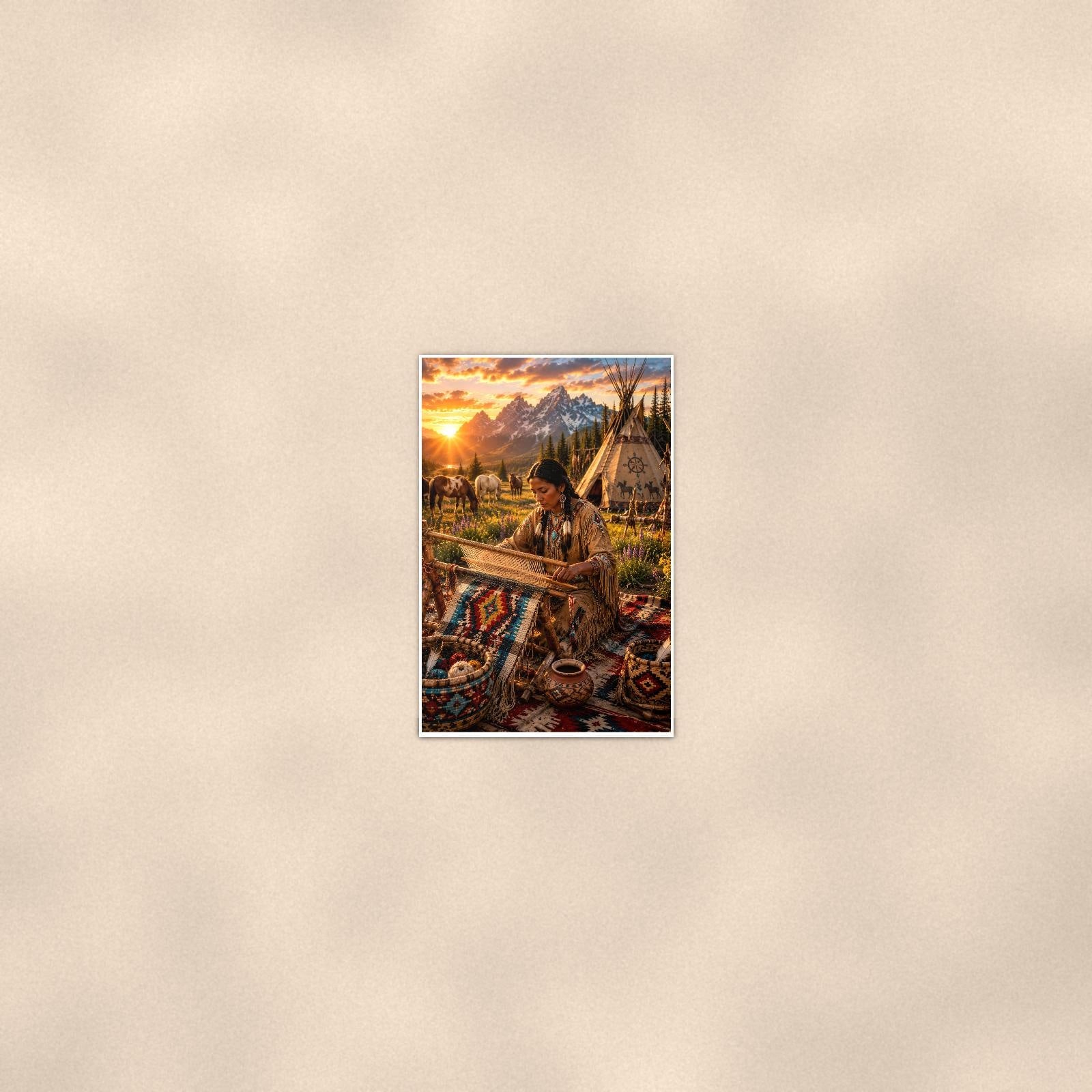 Native Weaving Scene — 24x36 in art print poster, premium luster paper with a white border; poster seen from further back, at true 24x36 in scale on a warm wall.
