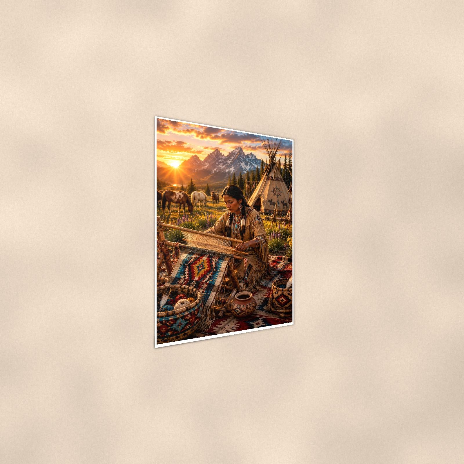 Native Weaving Scene — 24x36 in art print poster, premium luster paper with a white border; steeper three-quarter angle on a warm wall, catching the luster sheen.